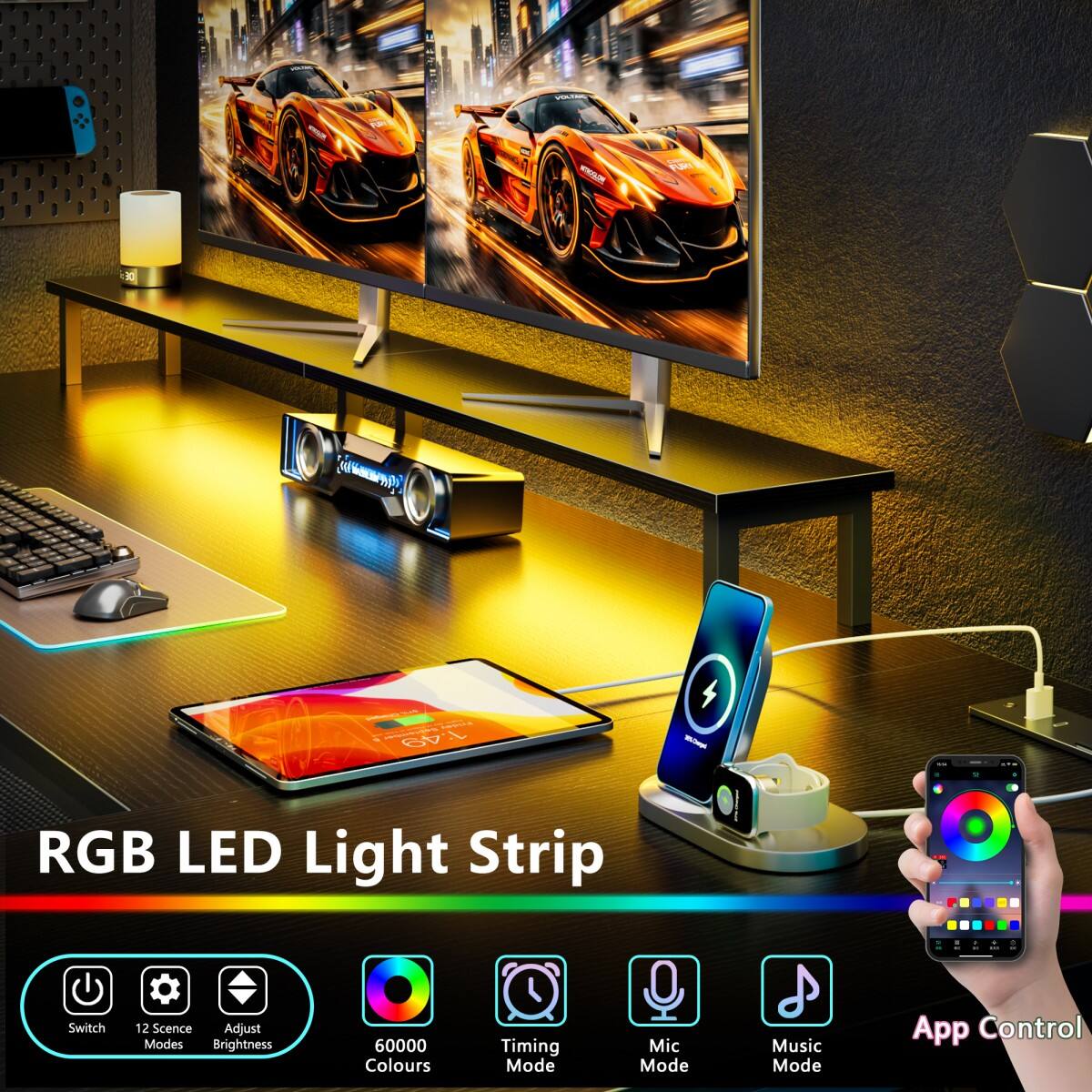 VOLTNG
FOR
FUTURE

1:49
RGB LED Light Strip
- -
+
. ...
Switch
12 Scene Adjust Modes Brightness
60000 Colours
Timing Mode
Mic Mode
Music Mode
App Control