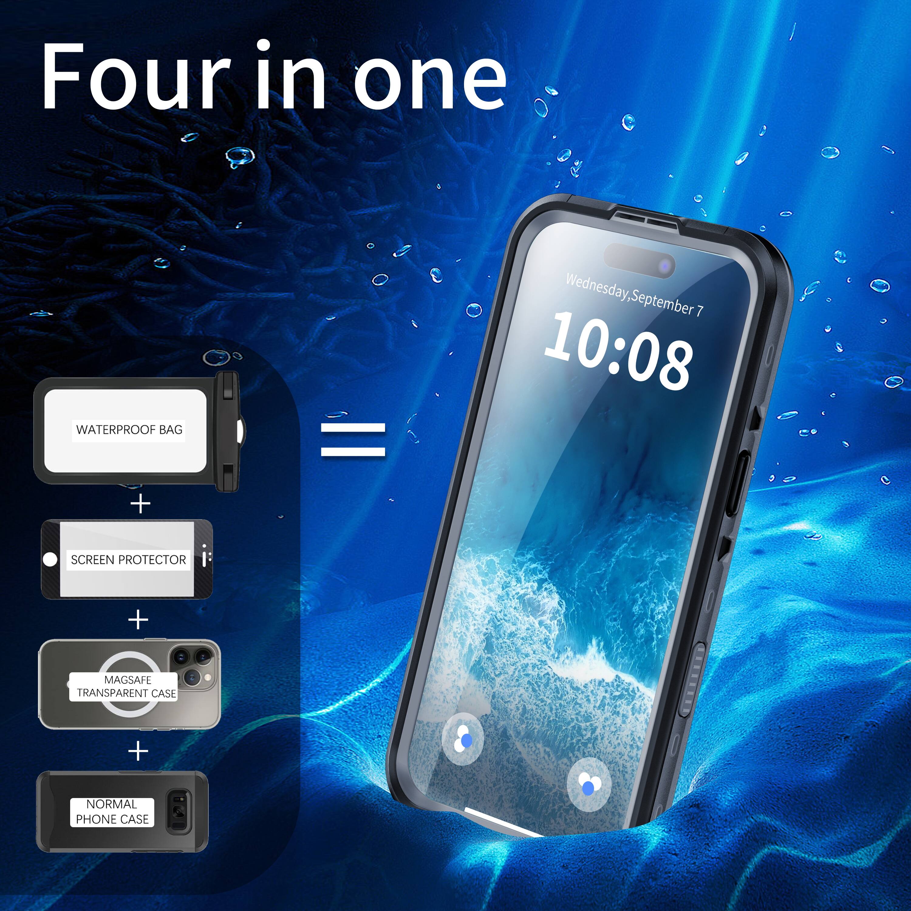 Four in one  
WATERPROOF BAG  
Wednesday, September 7  
10:08  
+ SCREEN PROTECTOR  
+ MAGSAFE TRANSPARENT CASE  
+ NORMAL PHONE CASE