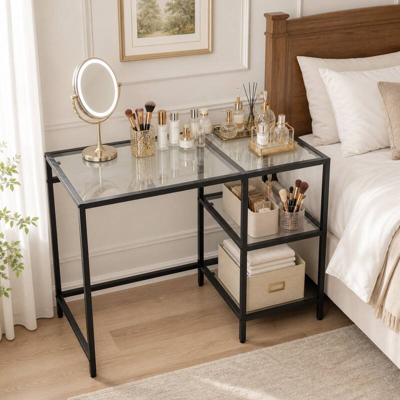 Angle. WELLFOR - 42" Modern Home Office Desk with  2 Open Shelves and Metal Frame, Computer Desk Laptop PC Work Table - Black.