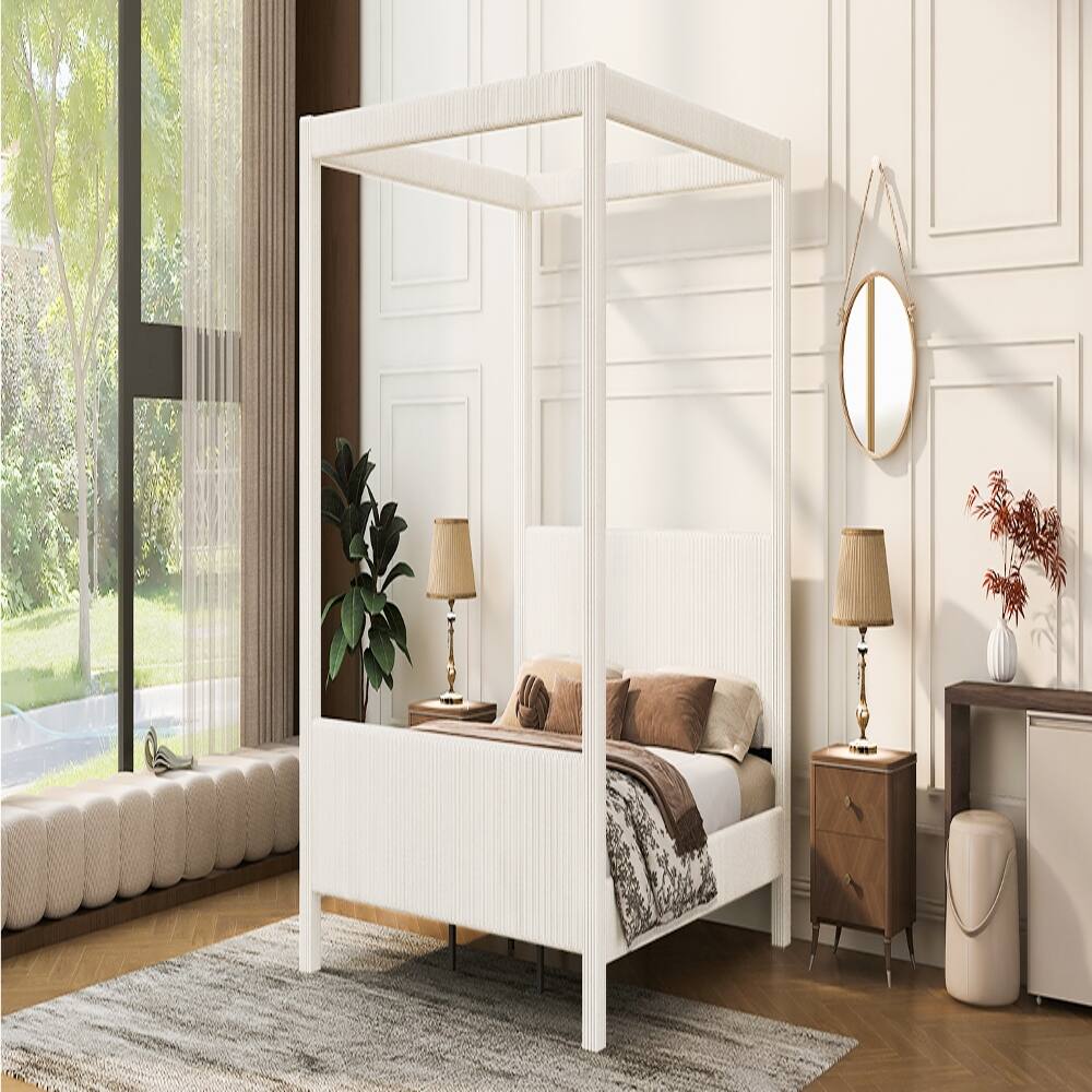 Alt View 3. Loheer - Loheer King Size Canopy Bed Upholstered Platform Bed Corduroy Beige - Beige.