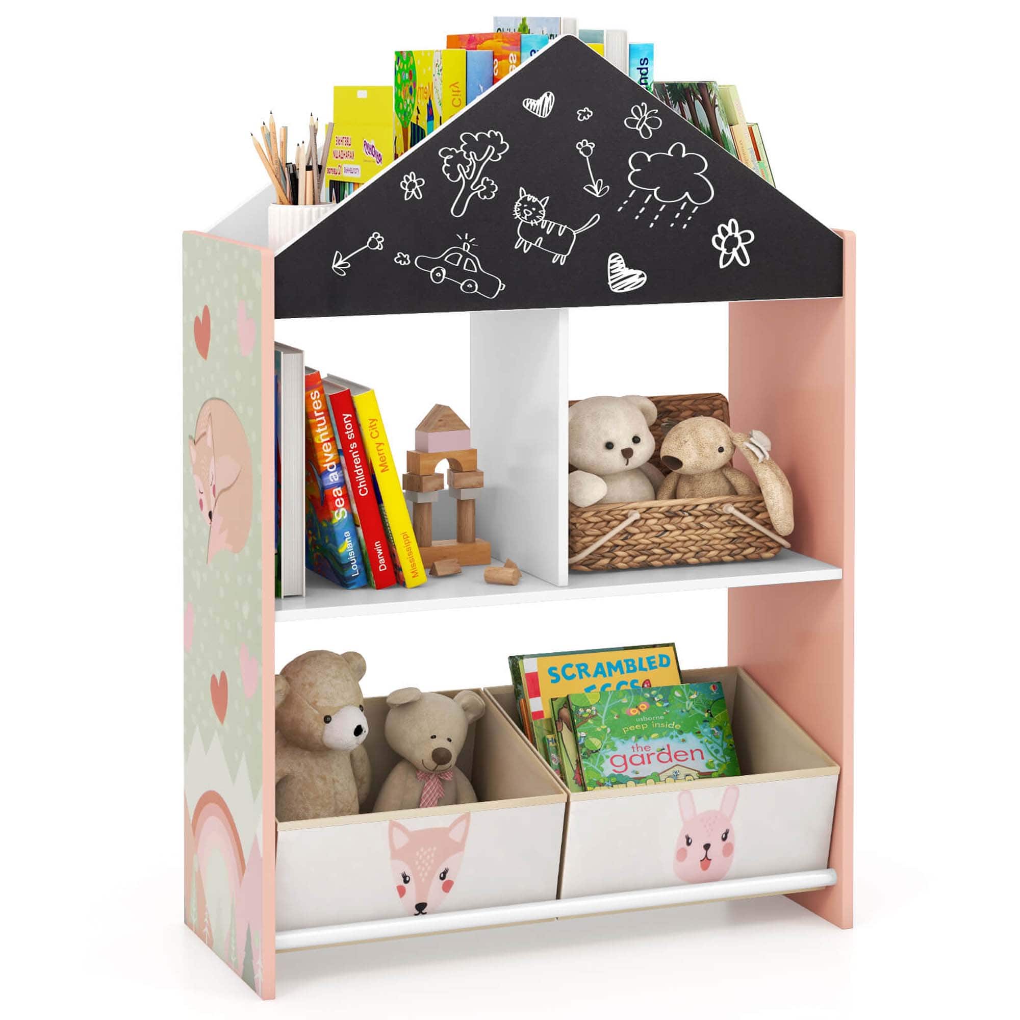 Costway - Kids Dollhouse Bookshelf with Writable Chalkboard board 4 Top Compartments - Pink