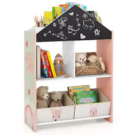 Costway - Kids Dollhouse Bookshelf with Writable Chalkboard board 4 Top Compartments - Pink