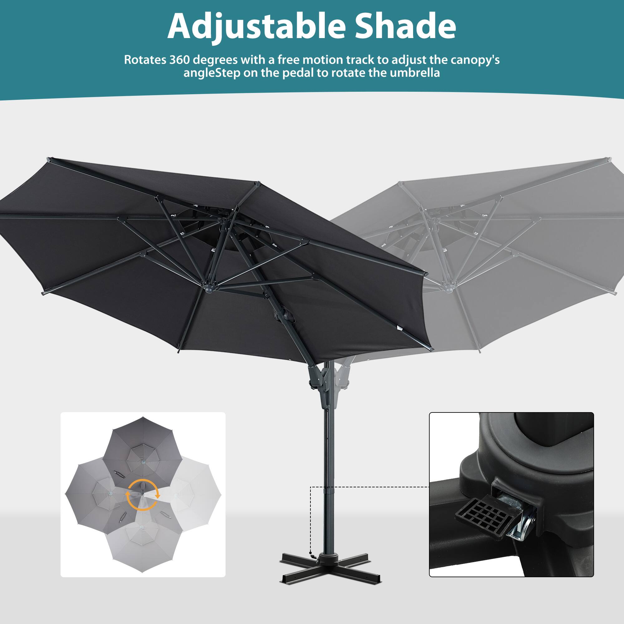 Adjustable Shade

Rotates 360 degrees with a free motion track to adjust the canopy's angle. Step on the pedal to rotate the umbrella.