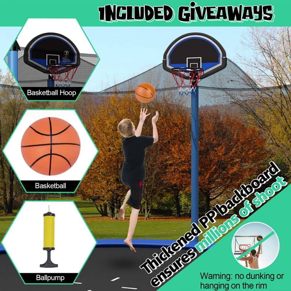 INCLUDED GIVEAWAYS

- Basketball Hoop
- Basketball
- Ballpump

Thickened PP backboard ensures millions of shoot

Warning: no dunking or hanging on the rim
