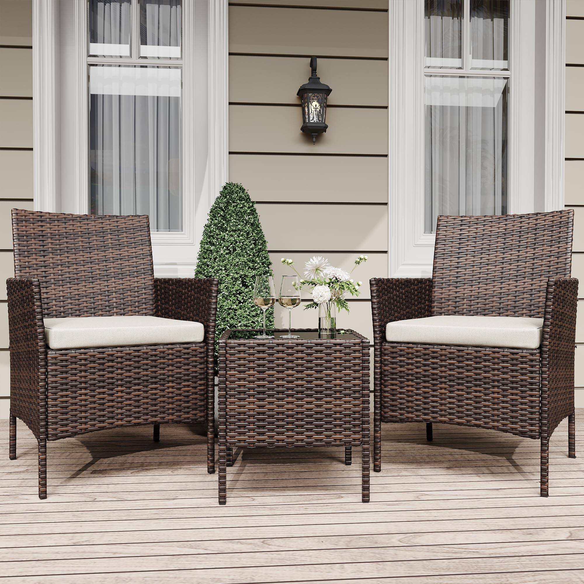 Front. Homhougo - 3 Pieces Outdoor Patio Furniture Sets, Rattan Patio Table and Chairs Set Brown and Beige - Beige.