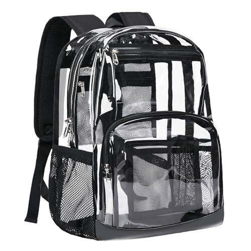 Front. Vulpecula Spade - Clear Backpack Heavy Duty - Large Transparent Bookbag for Adults, See Through Backpack for College, Work, Travel - Black - Black.