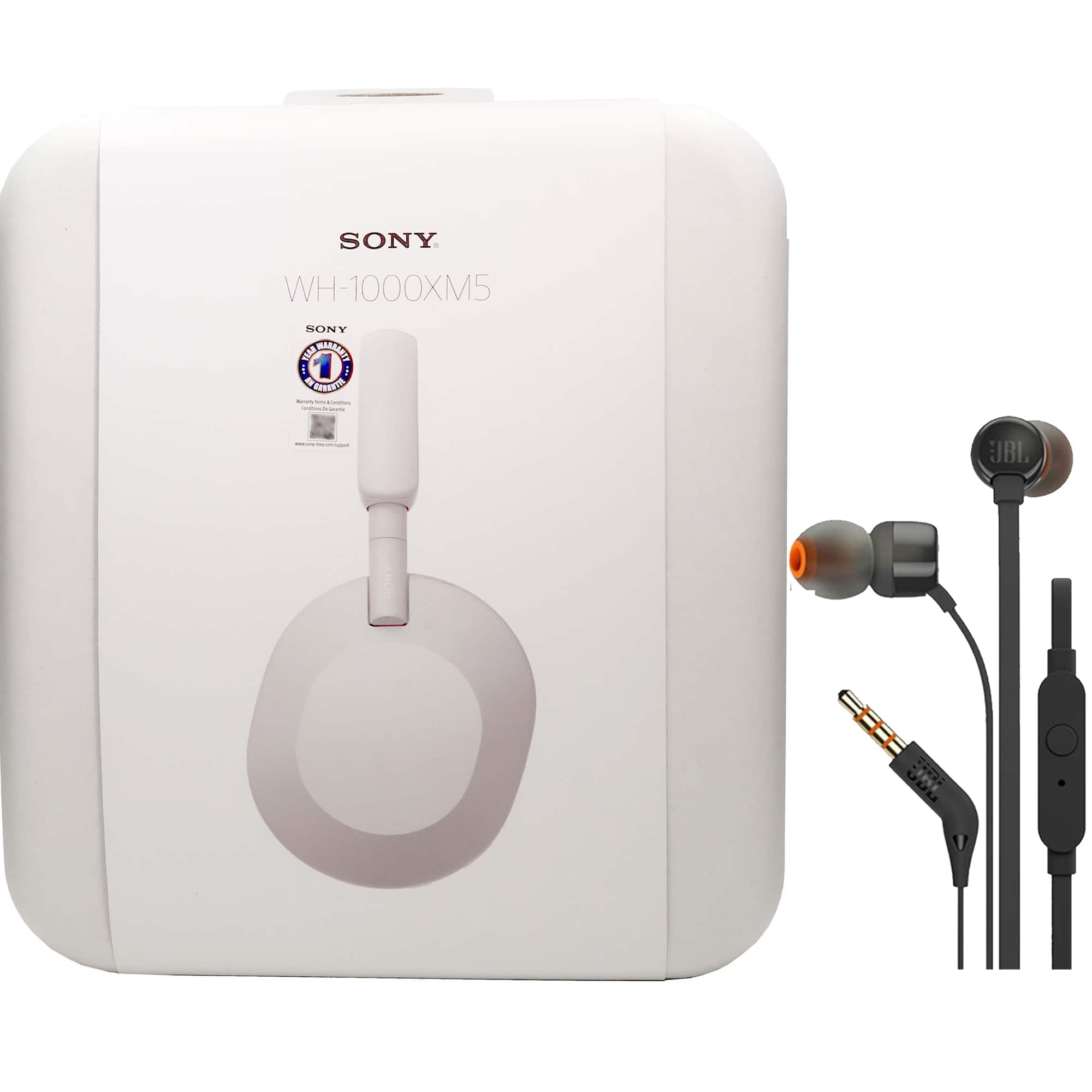 Sony - WH-1000XM5 Over-Ear Headphones Silver with JBL T110 in Ear Headphones - White