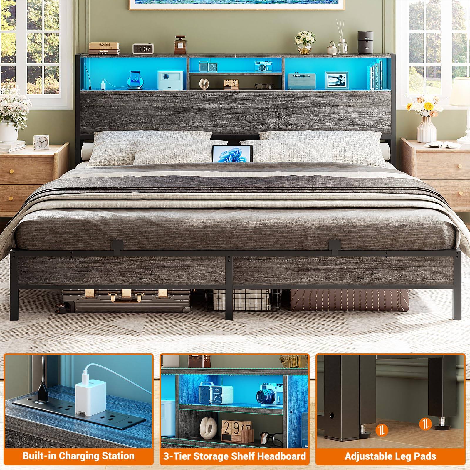 1107 T 2 219 9 29 2 9 T 1L 1L Built-in Charging Station 3-Tier Storage Shelf Headboard Adjustable Leg Pads