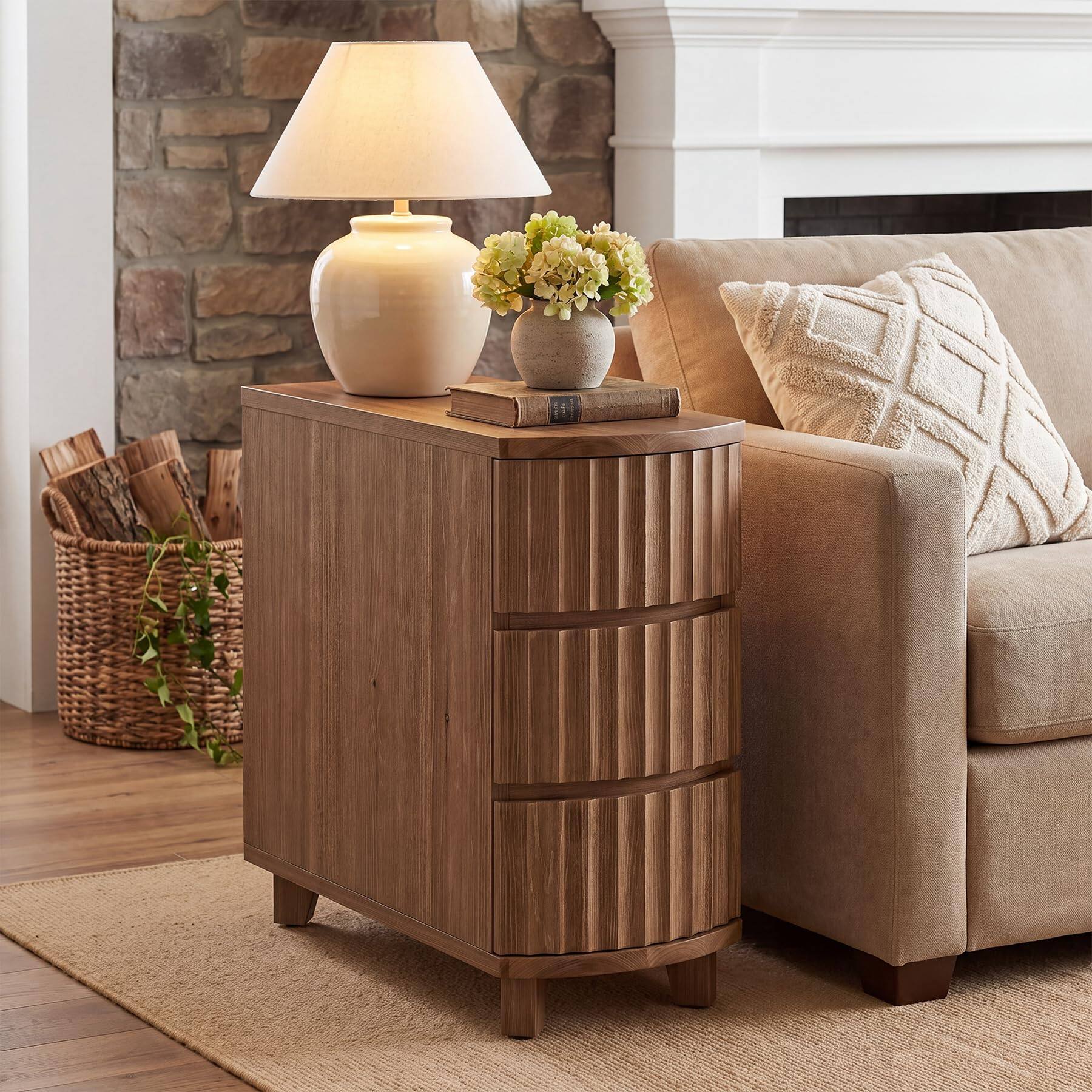 Left. Tribesigns - Solid Wood End Table, 3-Drawer Narrow Side Table, Curved Design - Brown.