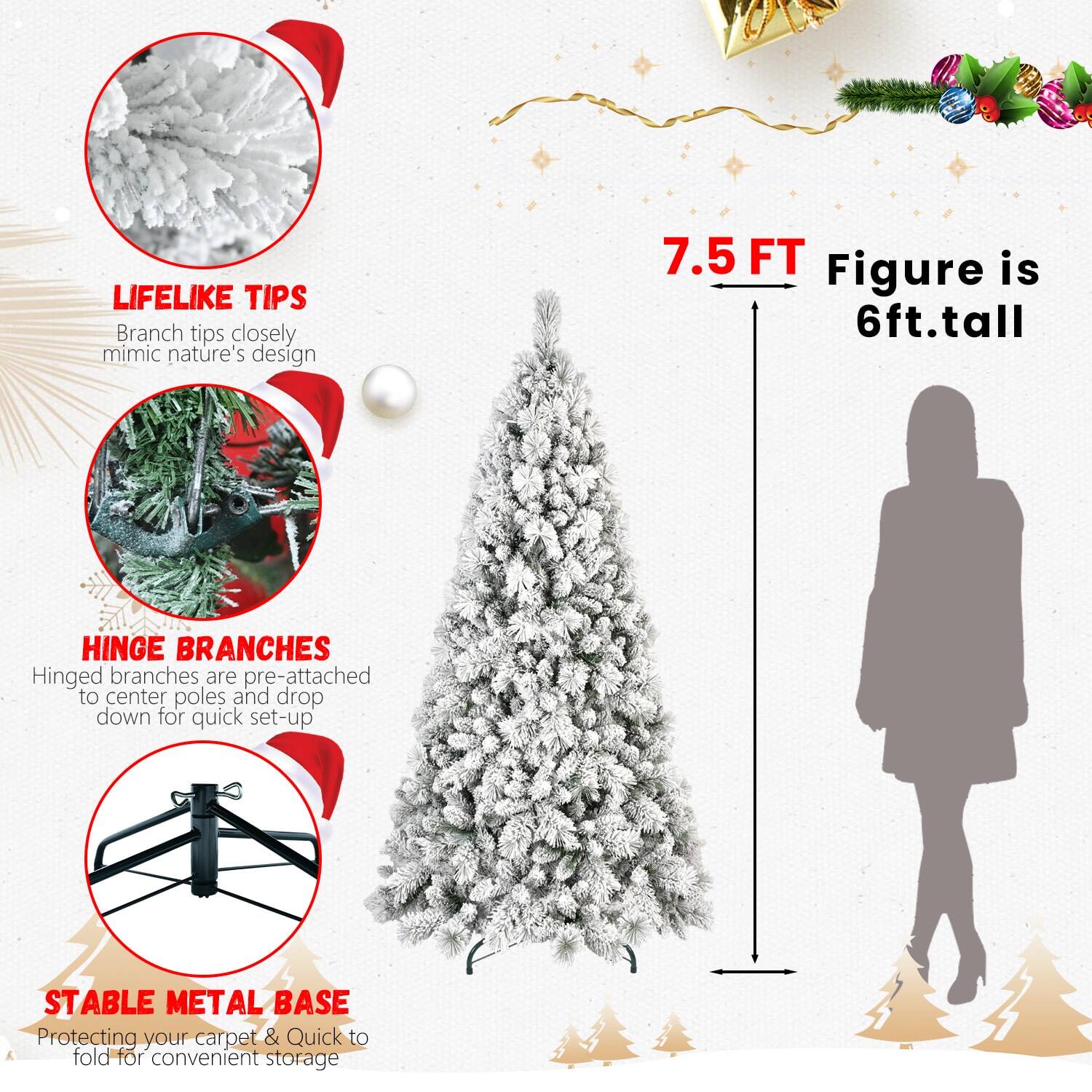 LIFELIKE TIPS  
Branch tips closely mimic nature's design  

7.5 FT  
Figure is 6ft.tall  

HINGE BRANCHES  
Hinged branches are pre-attached to center poles and drop down for quick set-up  

STABLE METAL BASE  
Protecting your carpet & Quick to fold for convenient storage