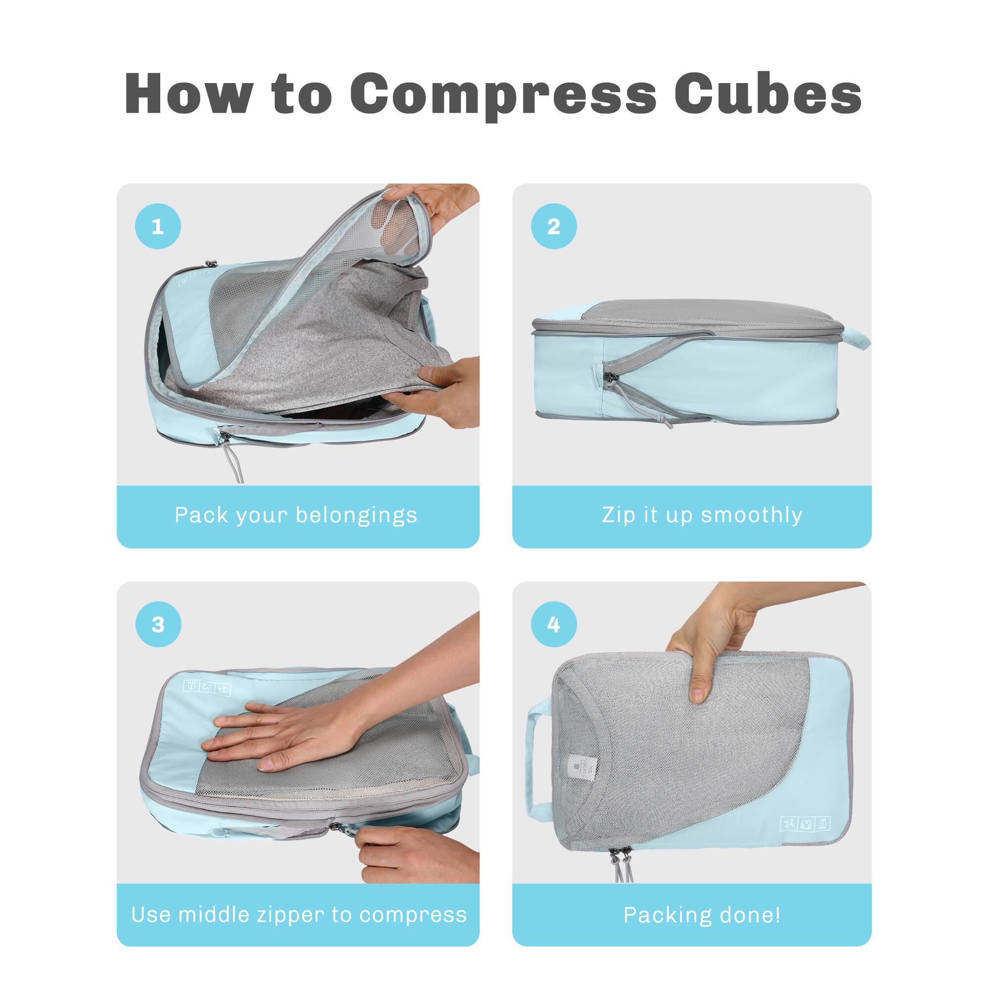 How to Compress Cubes

1. Pack your belongings
2. Zip it up smoothly
3. Use middle zipper to compress
4. Packing done!