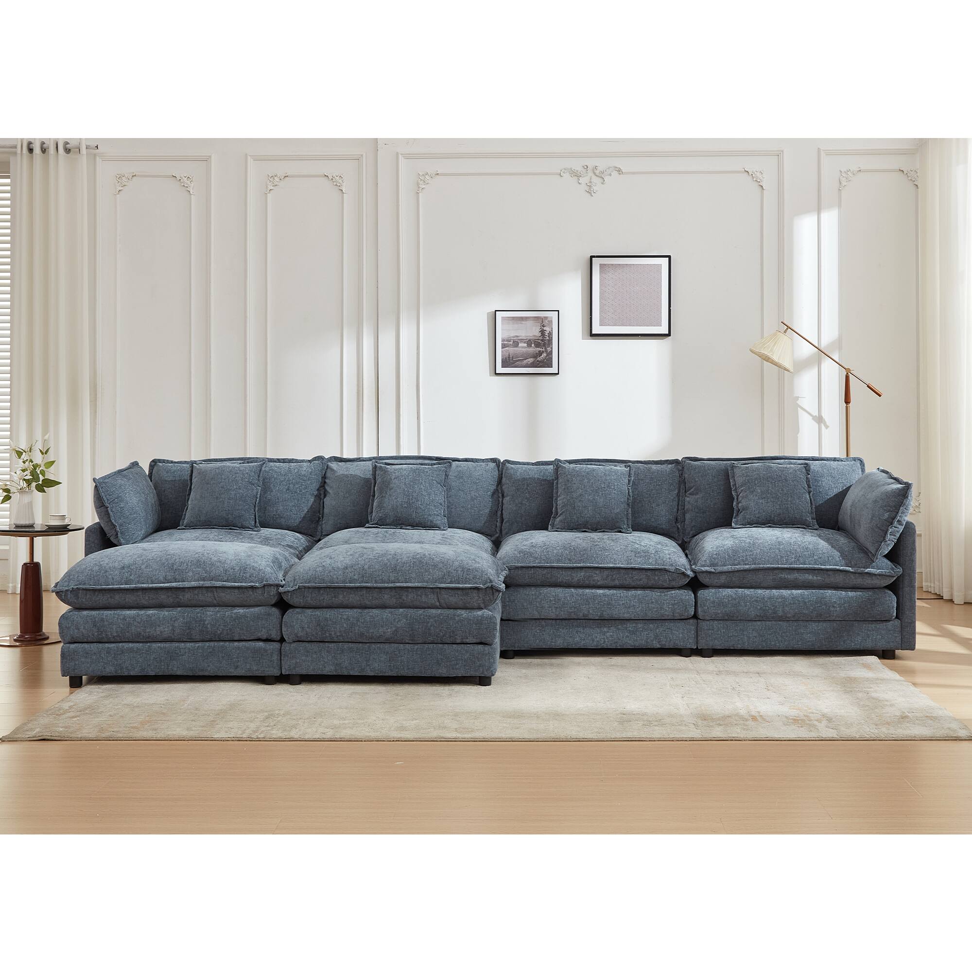 Alt View 6. KERDOM - 149 inch Chenille U-Shape Couch with Pillows, Big Family Deep Seat Modular Sofa with 2 Ottomans, Extra Large with Chaise - Blue.