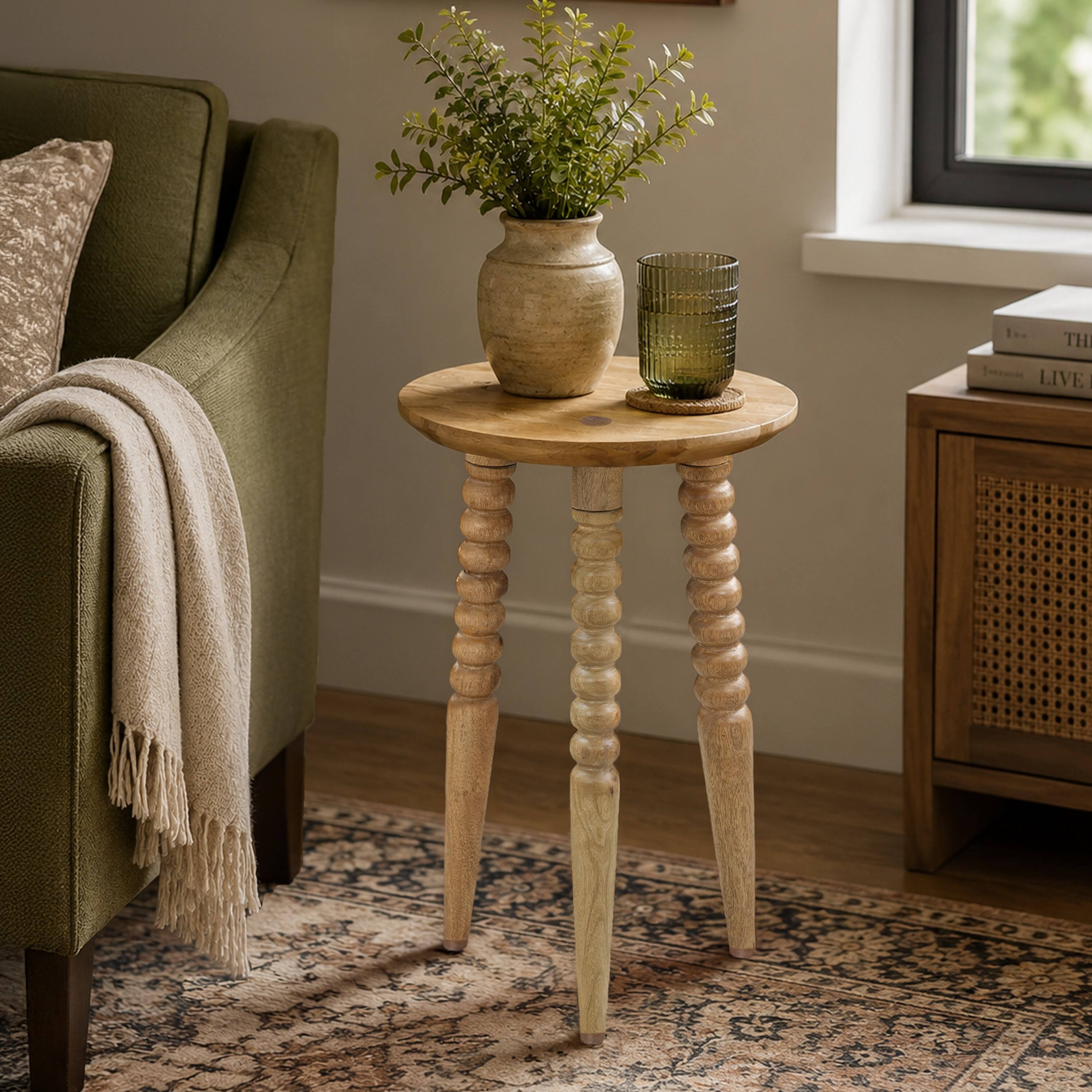 Alt View 4. Manhattan Lane - Geya Round Side Table, Tripod Spindle Legs, Natural Brown Mango Wood, 24 Inch High - Natural Brown.