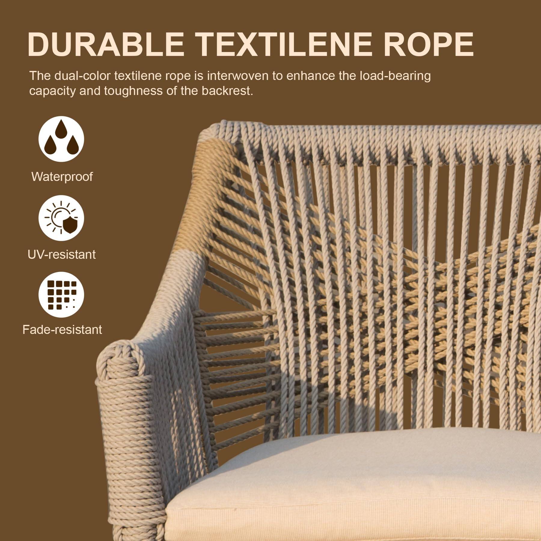DURABLE TEXTILENE ROPE

The dual-color textilene rope is interwoven to enhance the load-bearing capacity and toughness of the backrest.

- Waterproof
- UV-resistant
- Fade-resistant