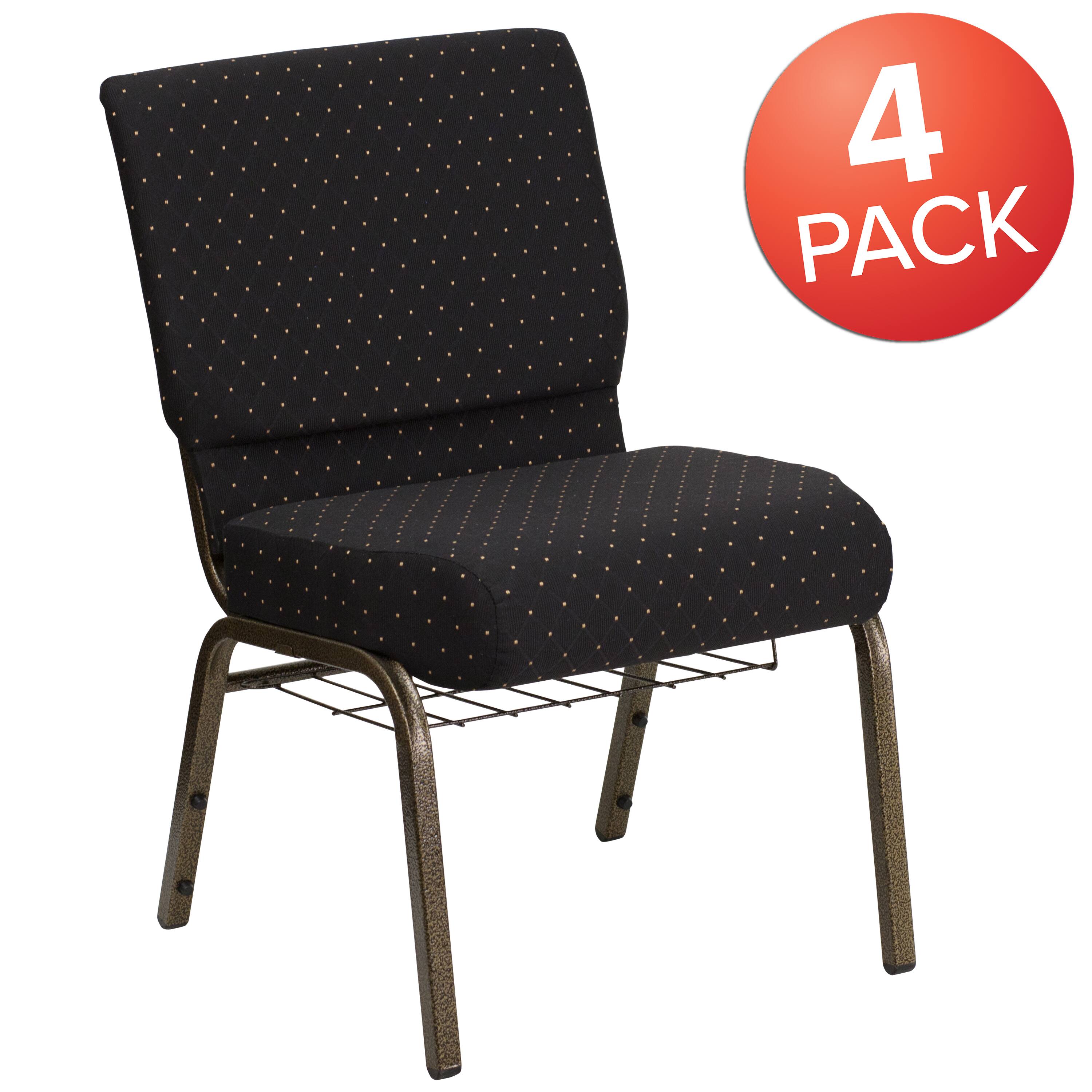 Alt View 1. Emma + Oliver - 4 Pack 21''W Church Chair with Book Rack - Black Dot Patterned Fabric/Gold Vein Frame.