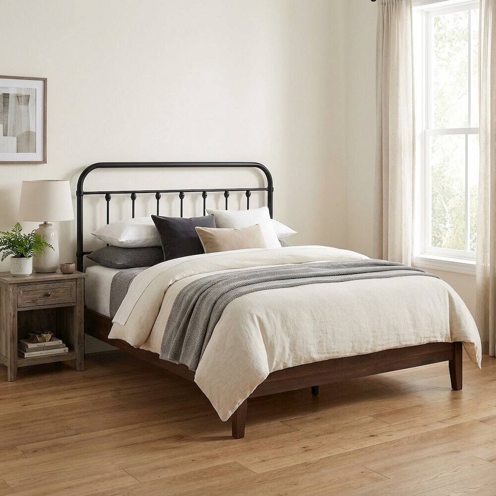 Left. FurniFact - Metal Queen Headboard inwith Sturdy Frame and Elegant Design - Black.