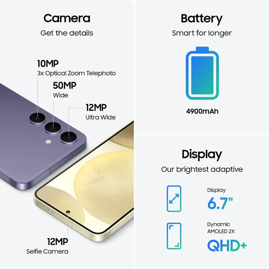 The image showcases a smartphone with various features and specifications. It has a 10MP camera with 3x optical zoom, a 50MP wide-angle lens, and a 12MP ultra-wide lens. The phone also has a 4900mAh battery, which is smart for longer use. The display is the brightest adaptive display, measuring 6.7 inches. Additionally, the phone has a 12MP selfie camera and uses a dynamic AMOLED 2X QHD+ screen.