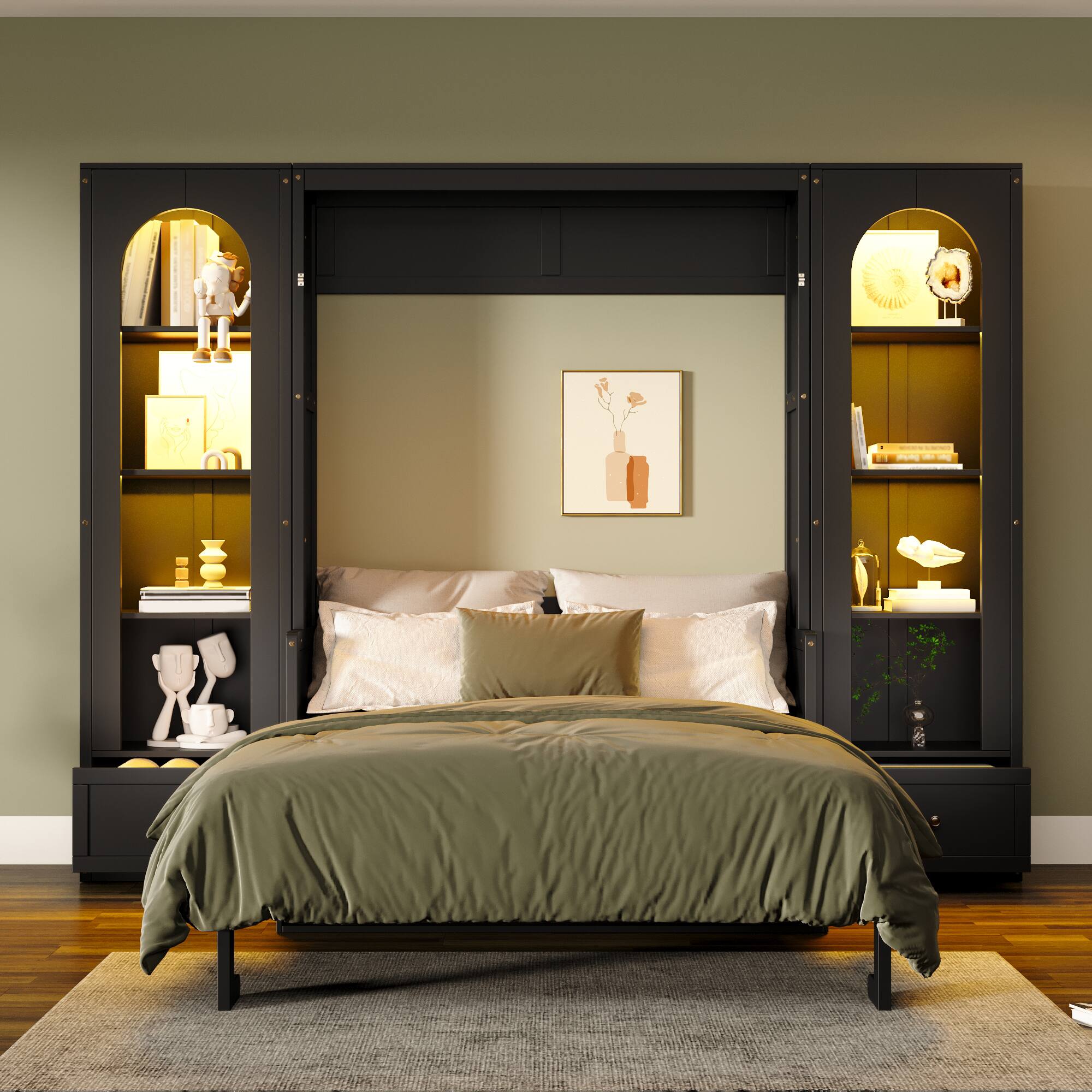 Angle. Whisen - Queen Size Murphy Bed with Shelves, Storage Cabinets, Drawers & LED Lights, Wood Platform Bed - Black.