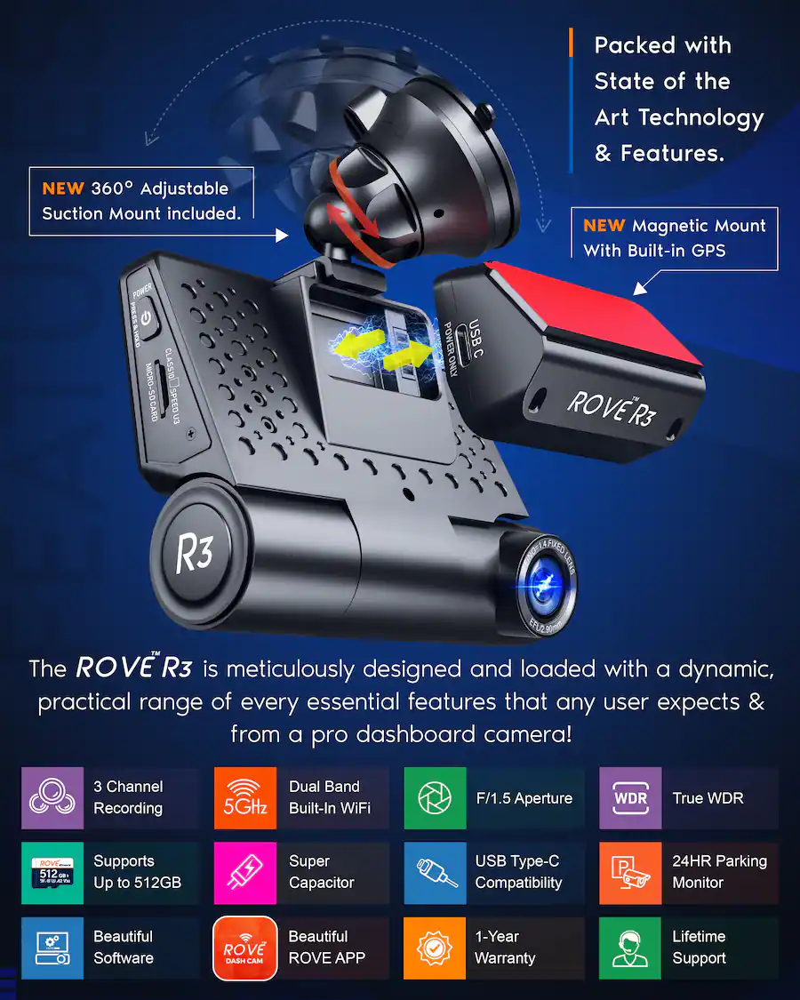 Beats Audio Rove Computer Touch Screen ROVE R3 Triple Channel Touch Screen Dash Cam 1440P+1080P+1080P, 3