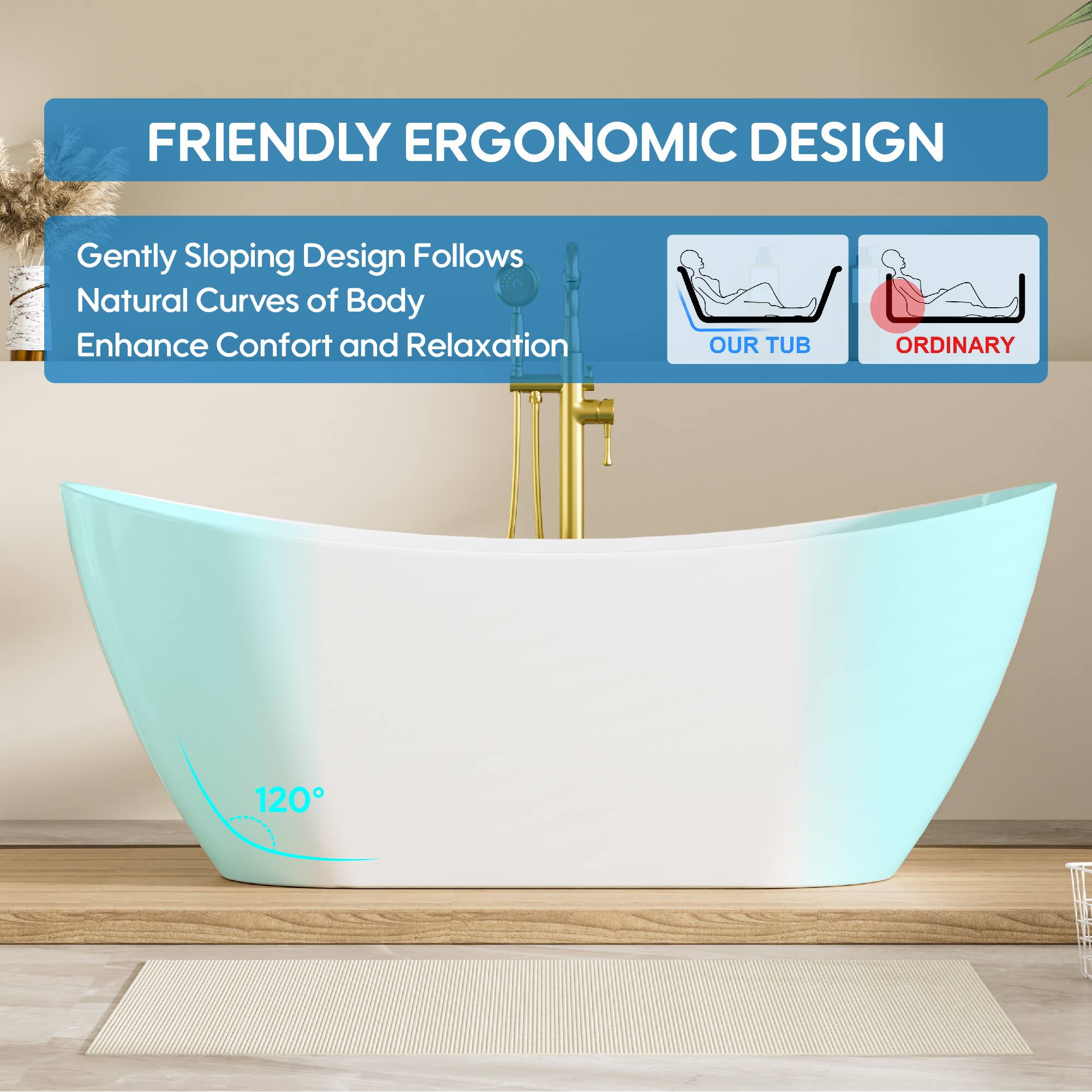 FRIENDLY ERGONOMIC DESIGN

Gently Sloping Design Follows Natural Curves of Body Enhance Comfort and Relaxation

OUR TUB ORDINARY