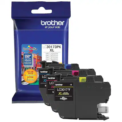 brother at your side
innobella XL LC30173PK
550* page yield
rendement
rendimiento
rendimento
MFC-J5330DW
MFC-J6530DW
MFC-J6730DW
MFC-J6930DW
VALUE PACK
3 COLOR INK CARTRIDGES
OFFRE 3 CARTOUCHES
3 CARTOUCHES
3 CARTOUCHES DE COULEUR
LC3017Y
HIGH YIELD
ALTO RENDIMIENTO
ALTO RENDIMENTO
innobella