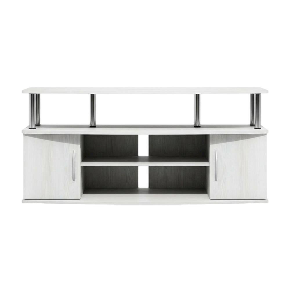 Back. FurniFact - White wood entertainment center for TVs up to 55 inches with ample storage space - White Wood/Stainless Steel.