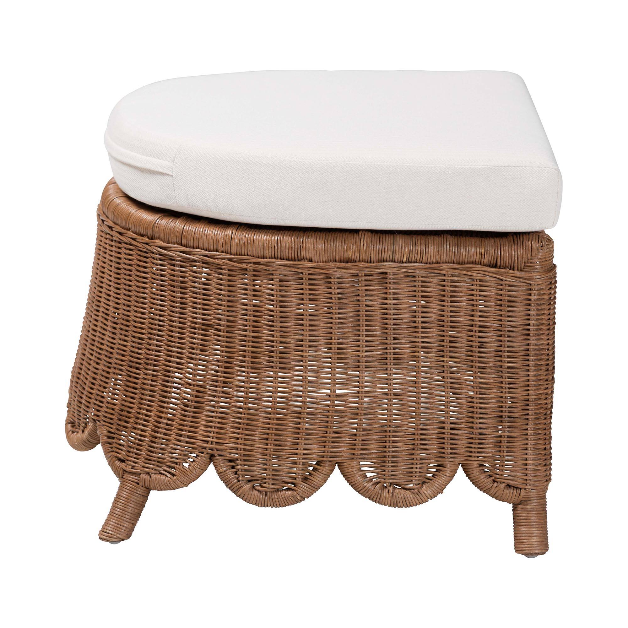 Left. bali & pari - Detta Natural Rattan Footstool with Cushion - Handwoven Wicker Ottoman with Scalloped Skirt Base for Coastal Lounge - Peanut Brown.
