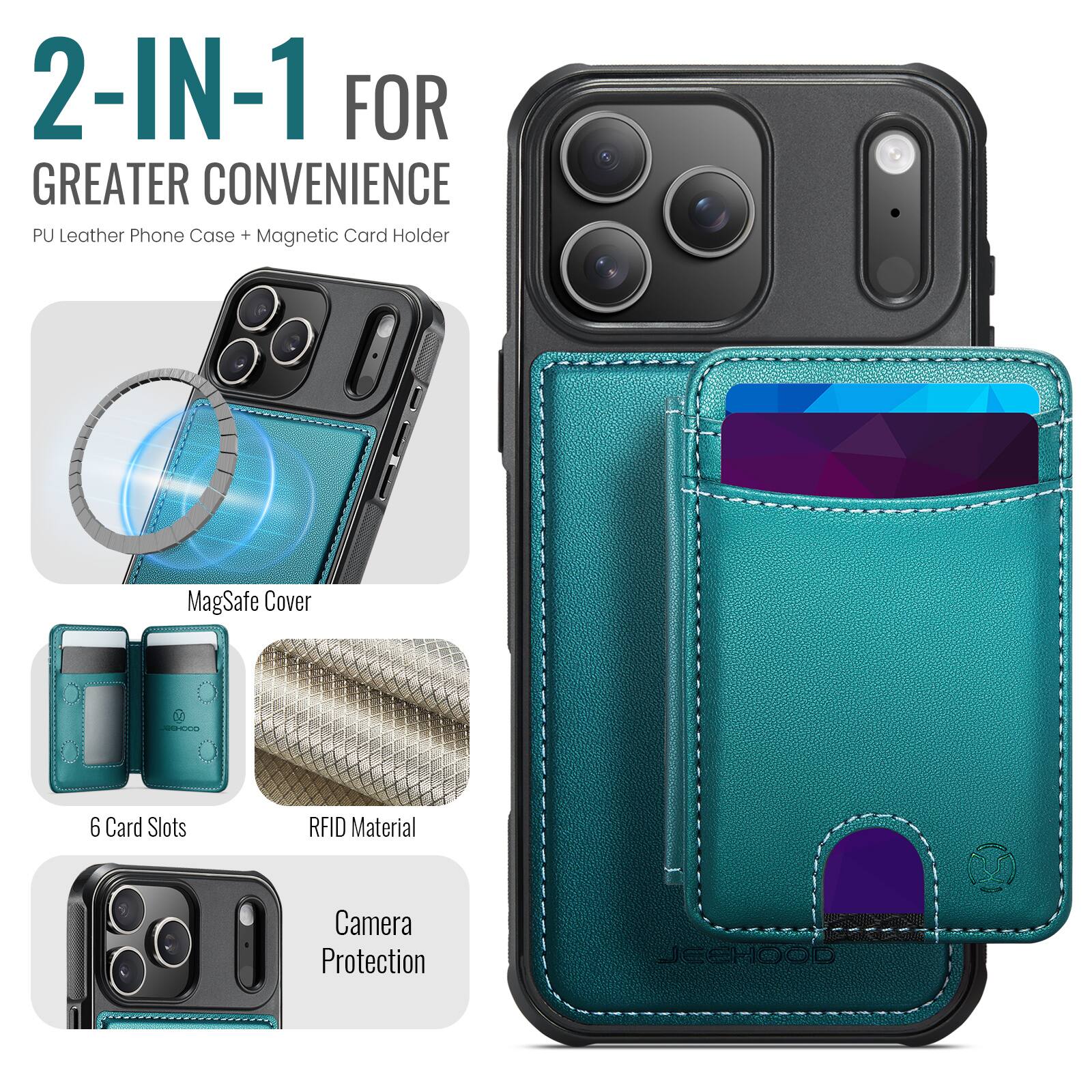 2-IN-1 FOR GREATER CONVENIENCE  
PU Leather Phone Case + Magnetic Card Holder  
MagSafe Cover  
6 Card Slots  
RFID Material  
Camera Protection  
JEEHOOD