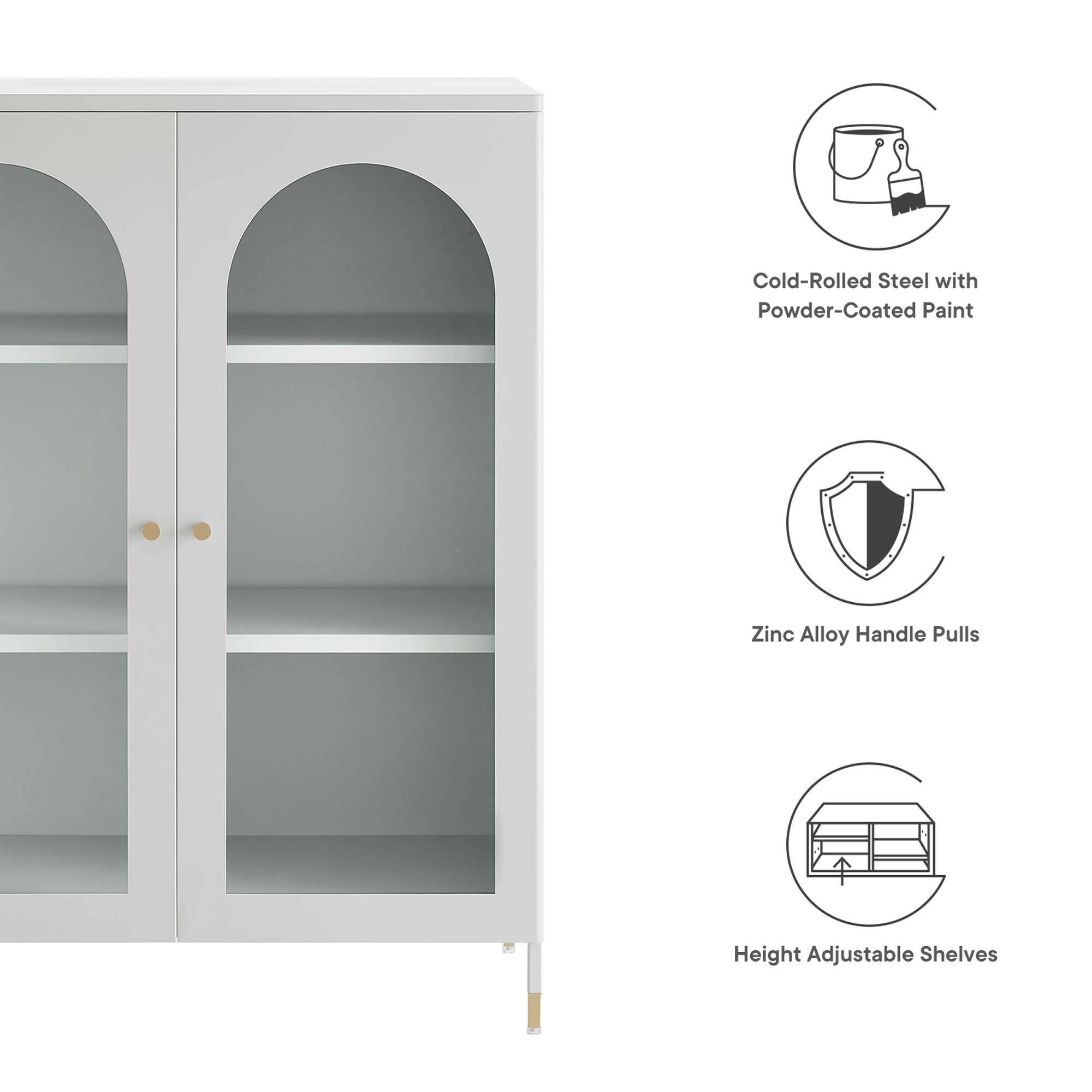 - Cold-Rolled Steel with Powder-Coated Paint
- Zinc Alloy Handle Pulls
- Height Adjustable Shelves