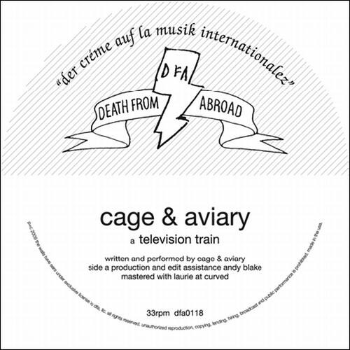 Sure, here is the corrected and grouped text:

---

**"der creme auf la musik internationale"**

**D FA**  
**DEATH FROM ABROAD**

**cage & aviary**  
*a television train*  
written and performed by cage & aviary  
side a production and edit assistance andy blake  
mastered with laurie at curved

**33rpm dfa0118**  
rights hring. reserved. copying. lending. unauthorized reproduction prohibited.

---

(Note: Some parts of the text are unclear or misspelled, so the corrections are based on the best interpretation of the image.)