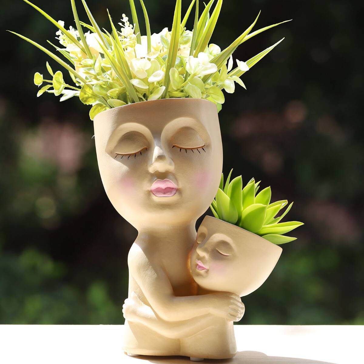 Alt View 3. Oumilen - Resin Mother Child Hugging Face Planter 7.09", 2-in-1 Succulent Pot with Drainage for Indoor Outdoor Tabletop Decor.