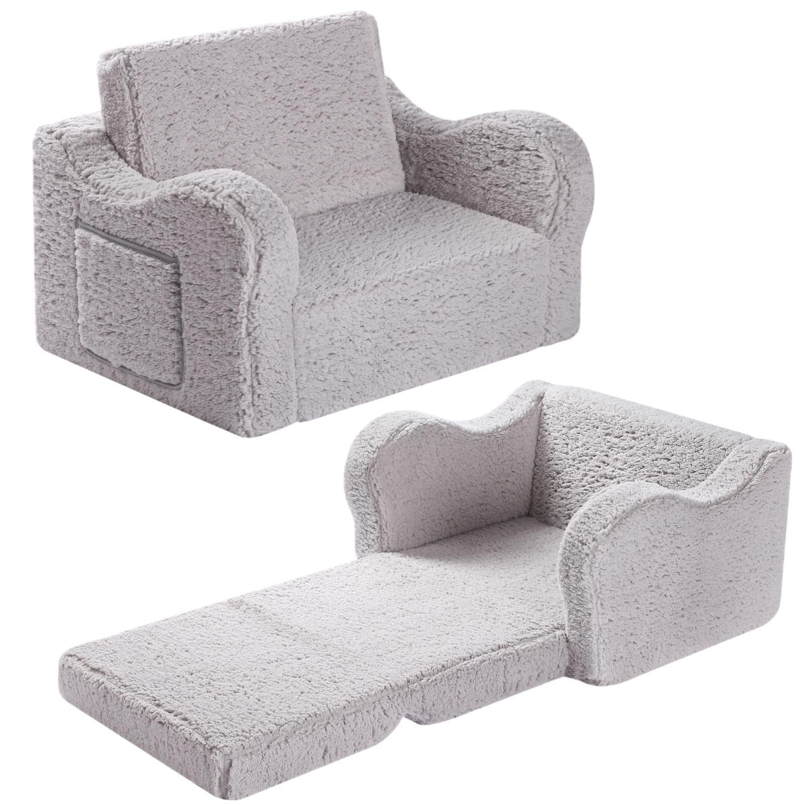 Front. Fabibe - Kids Chairs for Toddler, 2-in-1 Toddler Soft Sherpa Couch Fold Out, Convertible Sofa to Lounger for Girls and Boys, Grey - Grey Medium.
