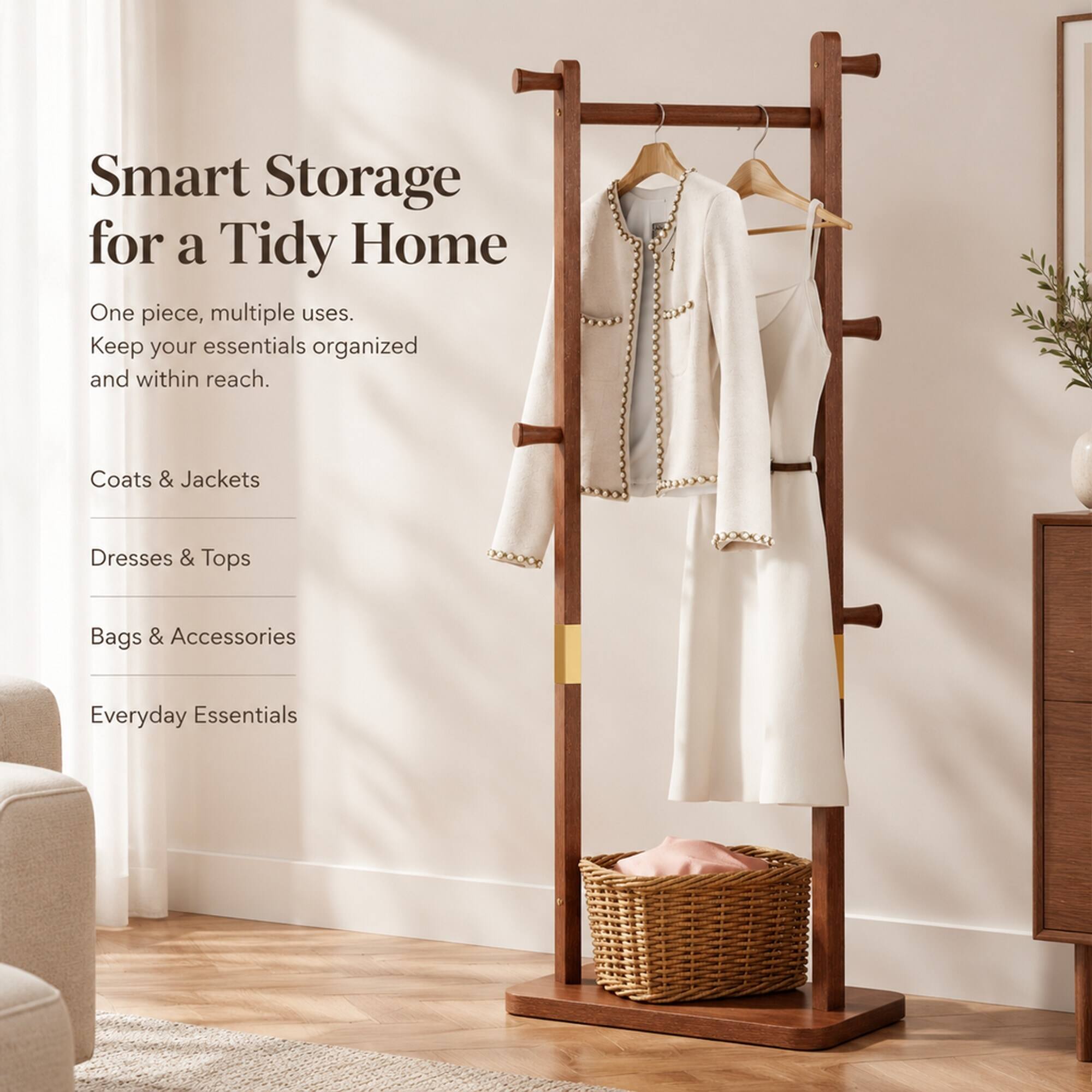 Smart Storage for a Tidy Home  
One piece, multiple uses. Keep your essentials organized and within reach.  
Coats & Jackets  
Dresses & Tops  
Bags & Accessories  
Everyday Essentials