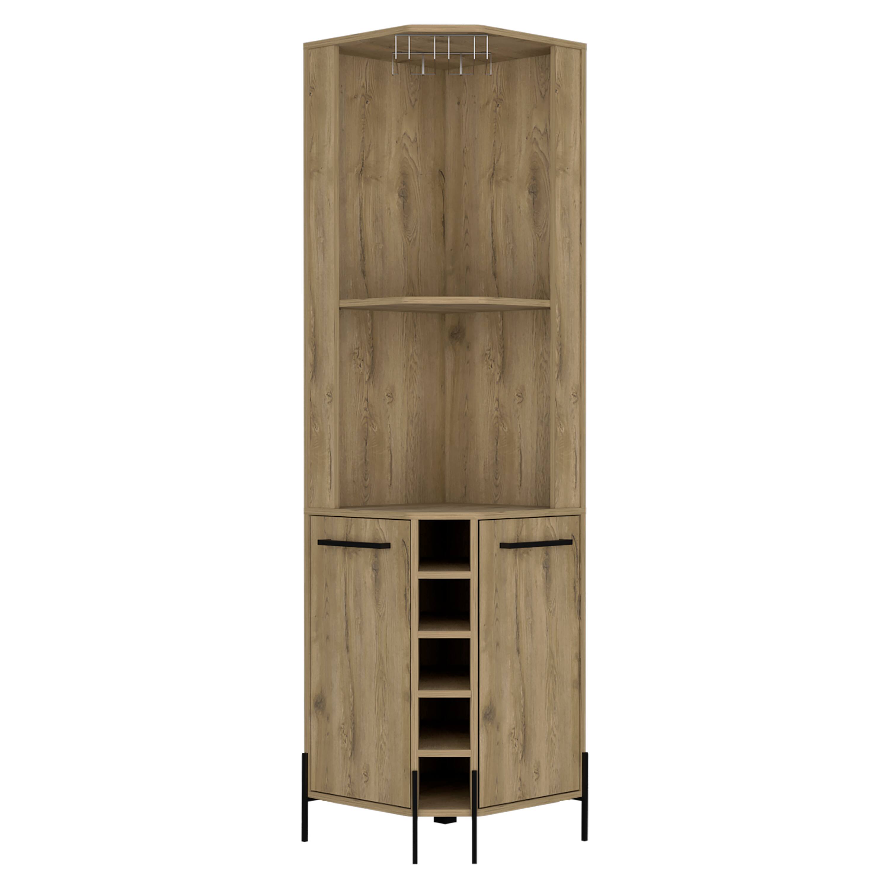 Alt View 2. TuHome - Hans Corner Bar Cabinet, Two Shelves, Five Built-In Wine Rack, Bar room - Macadamia.