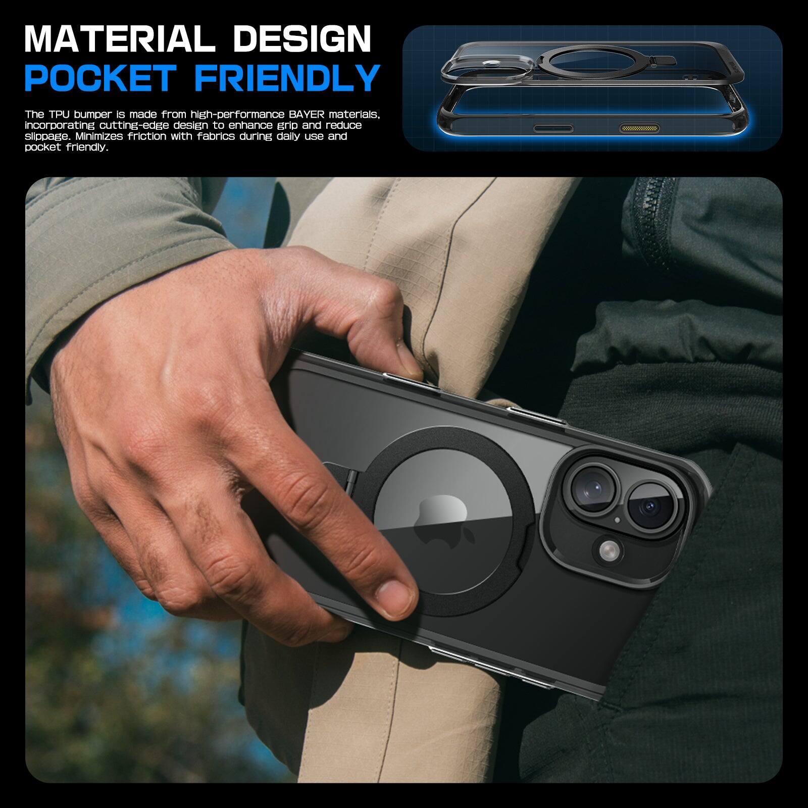 MATERIAL DESIGN  
POCKET FRIENDLY  

The TPU bumper is made from high-performance BAYER materials, incorporating cutting-edge design to enhance grip and reduce slipage. Minimizes friction with fabrics during daily use and pocket friendly.