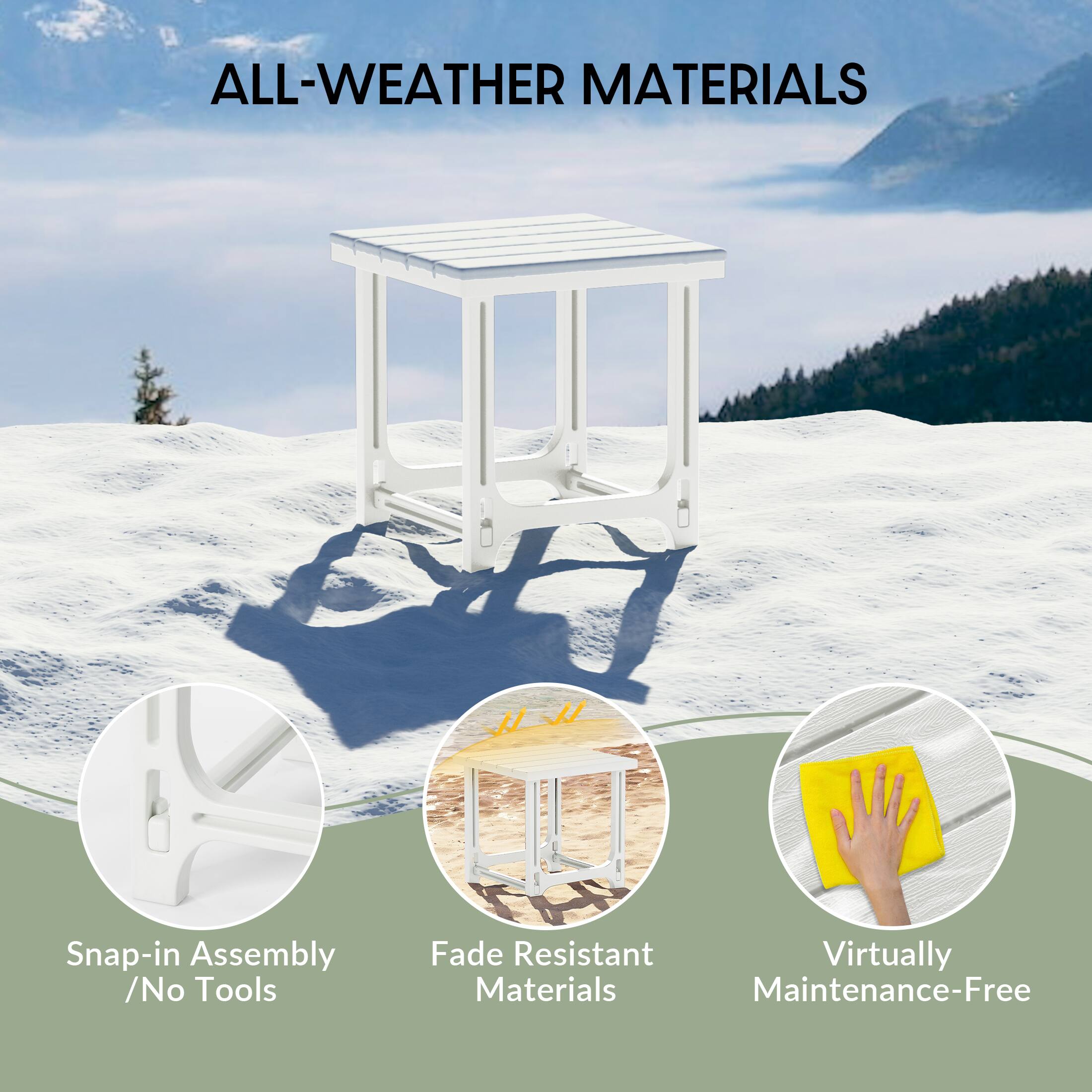 ALL-WEATHER MATERIALS

- Snap-in Assembly / No Tools
- Fade Resistant Materials
- Virtually Maintenance-Free