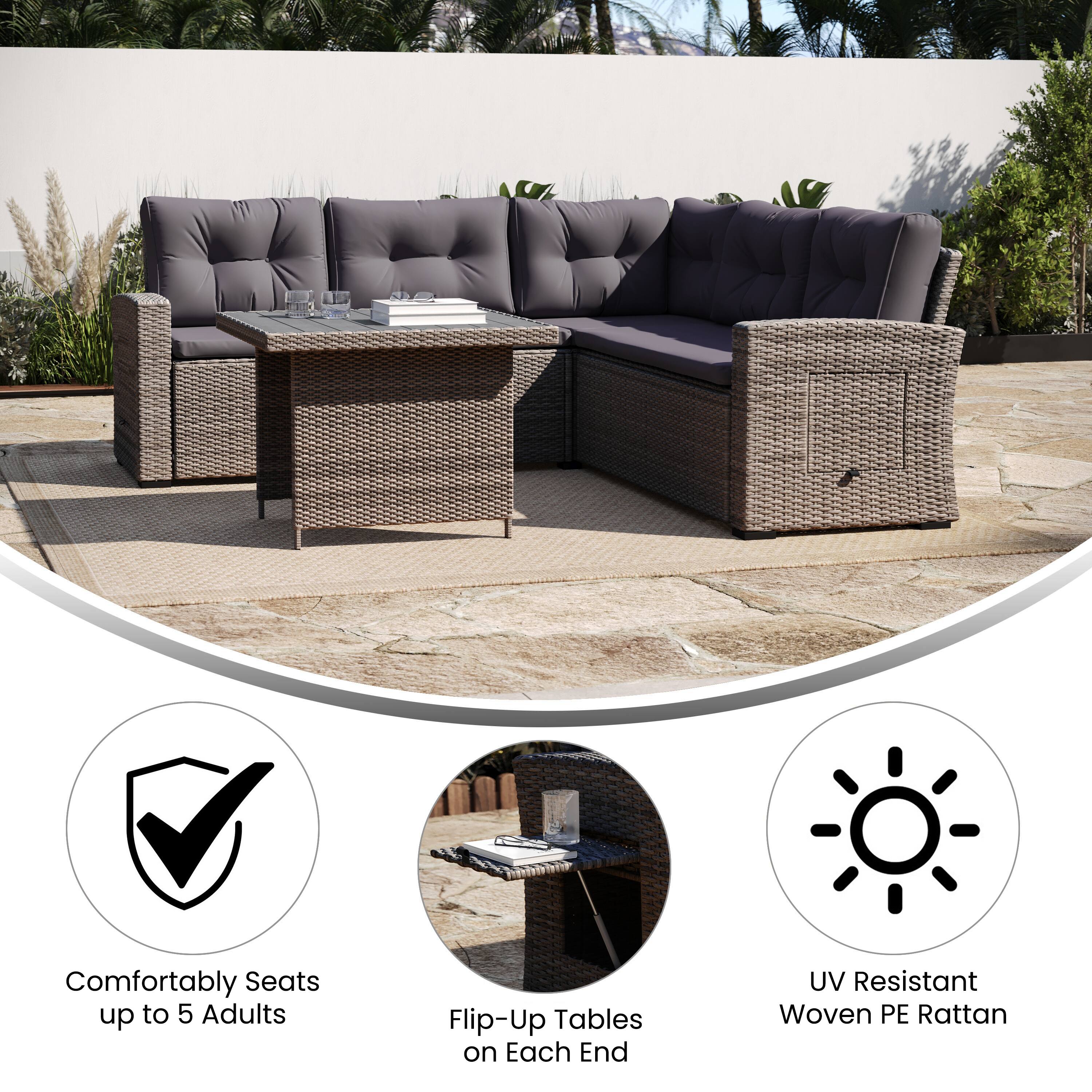 Comfortably Seats up to 5 Adults  
Flip-Up Tables on Each End  
UV Resistant Woven PE Rattan