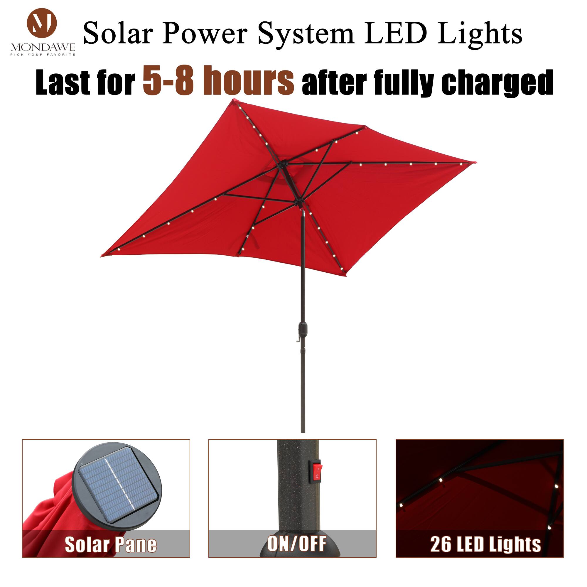 Solar Power System LED Lights  
Last for 5-8 hours after fully charged  

Solar Pane  
ON/OFF  
26 LED Lights