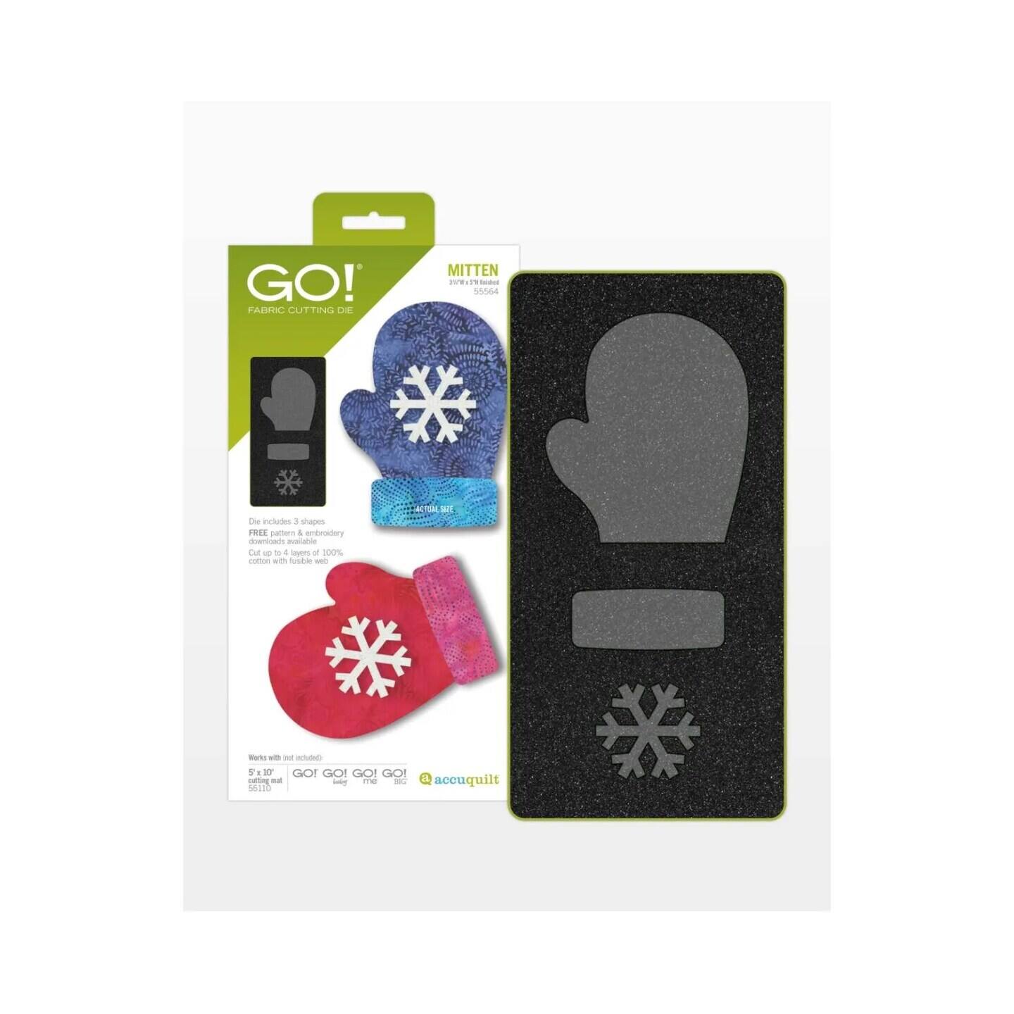 GO! FABRIC CUTTING DIE MITTEN J9I .. - 55544 Che echades 1 shapes FREE pattern & embroidery Goentoads cstnie our - e 4 ss o 100% - wieh tice wk SA S Malko w - -  - GO! GO GO GO editting - - TM - a accuquilt 16110