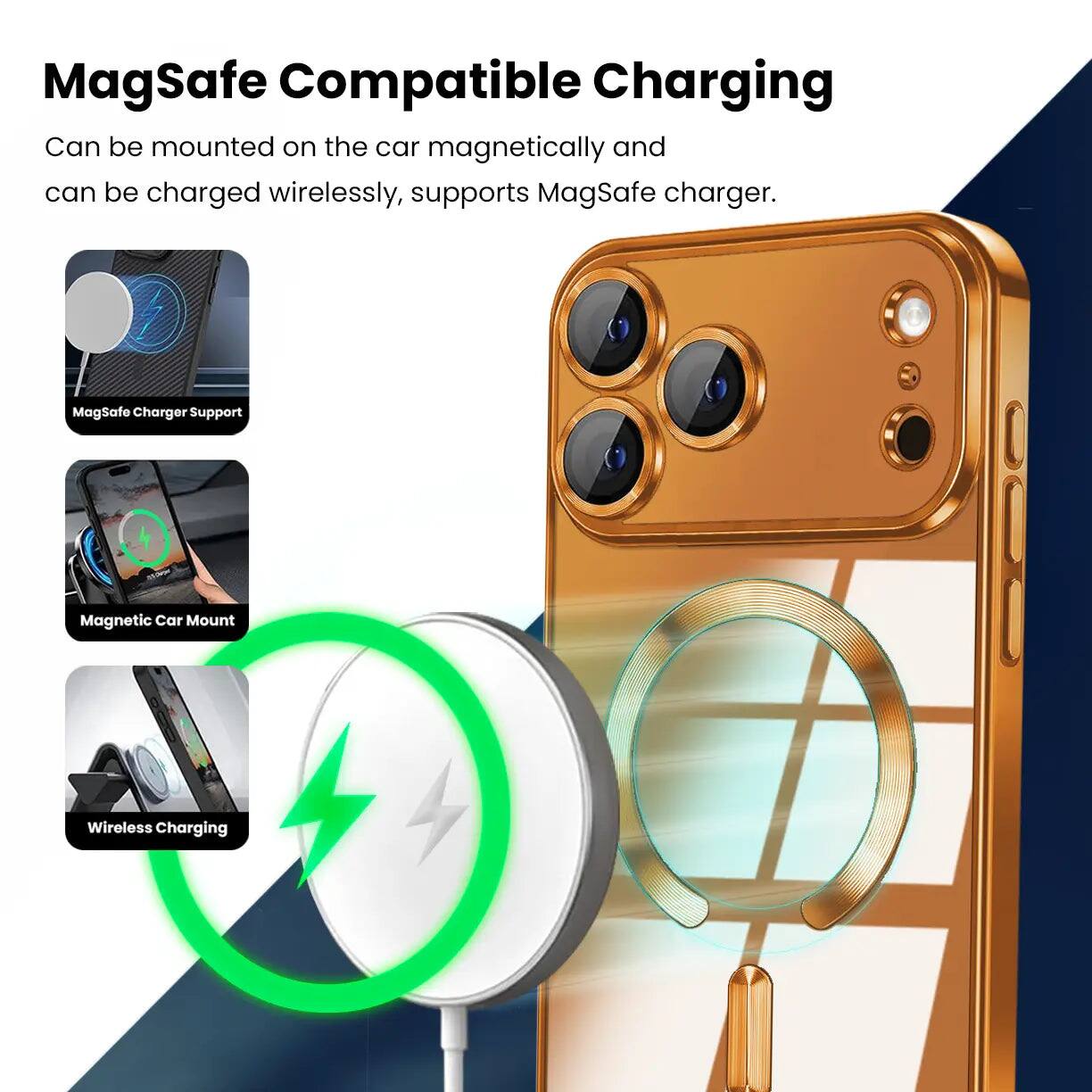 MagSafe Compatible Charging  
Can be mounted on the car magnetically and can be charged wirelessly, supports MagSafe charger.  

MagSafe Charger Support  
Magnetic Car Mount  
Wireless Charging