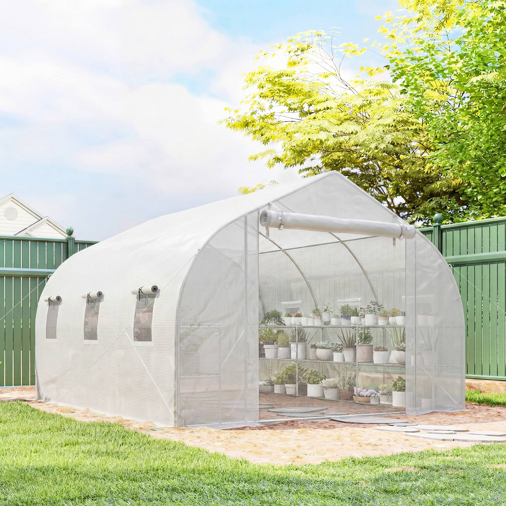 Alt View 1. Outsunny - Walk-in Tunnel Greenhouse with Shelves, Mesh Door and Windows - White.