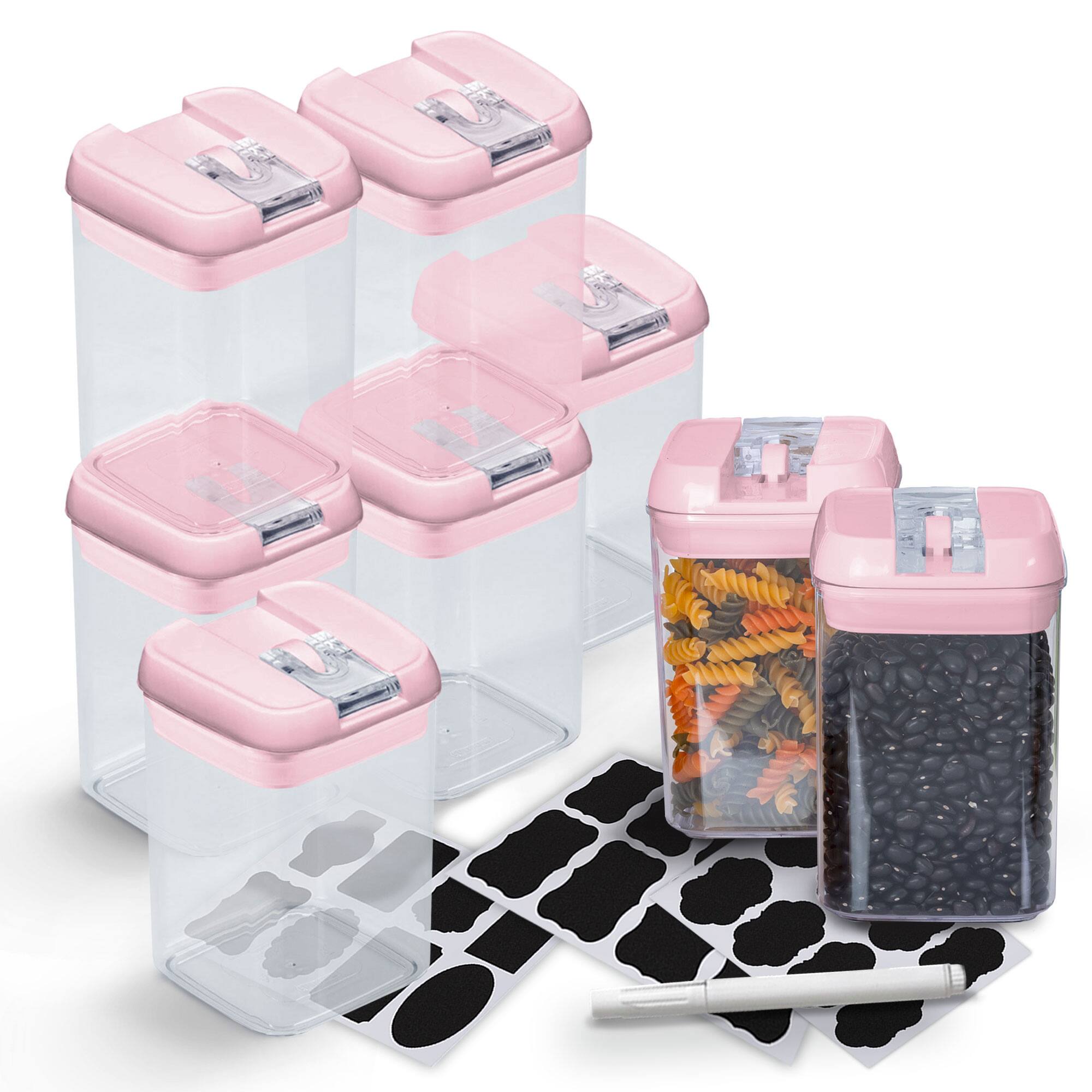Angle. Cheer Collection - Airtight Food Storage Containers, 8-Piece 28-Ounce Stackable Pantry Set with Flip-Top Lids, Labels and Marker - Pink.