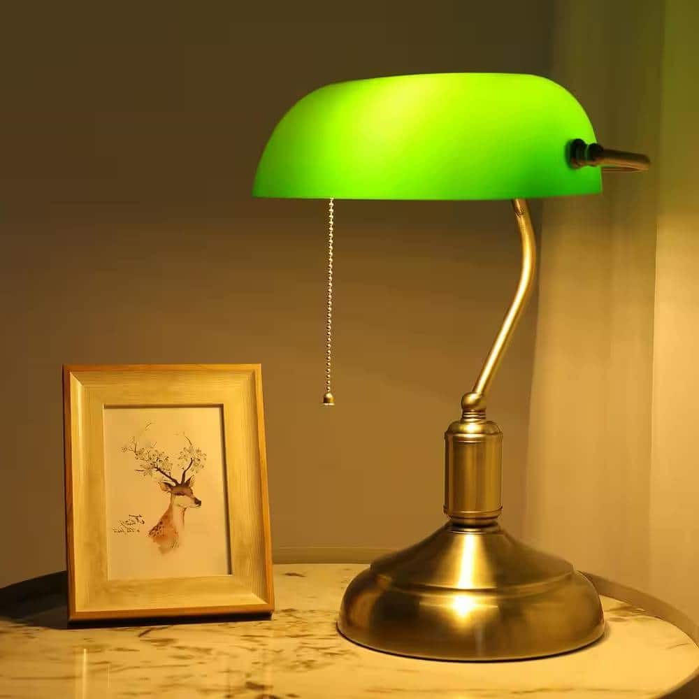 Hivvago - Antique Brass Bankers Lamp Desk Light Table Lamp with Green Glass Shade - Brass, Green