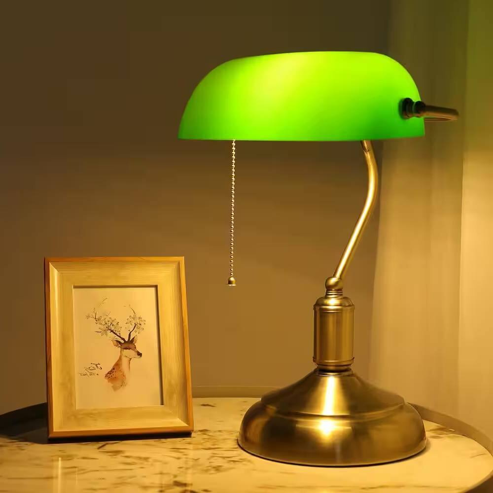 Front. Hivvago - Antique Brass Bankers Lamp Desk Light Table Lamp with Green Glass Shade - Brass, Green.