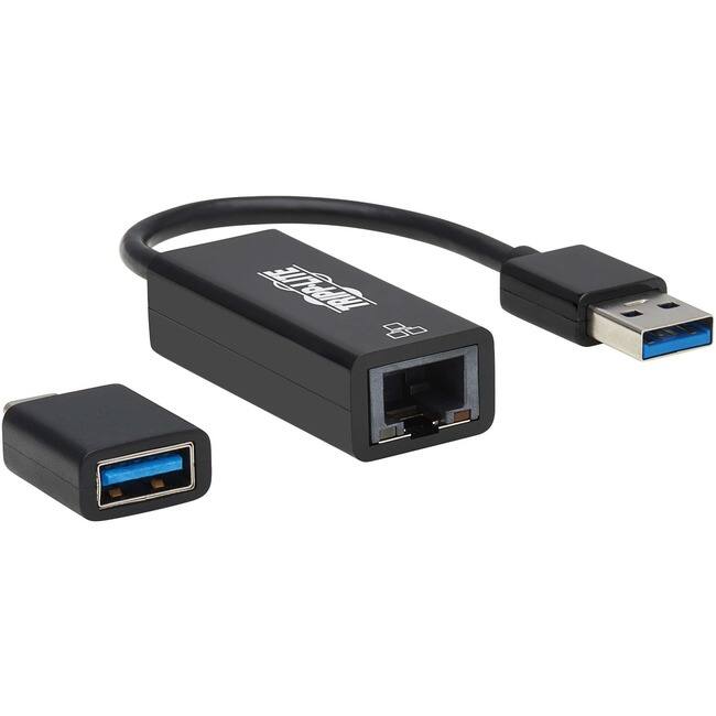 Front. Tripp Lite - Eaton Tripp Lite Series USB-C, USB-A to RJ45 Gigabit Ethernet Network Adapter (2xM/F), USB 3.2 Gen 1, Black - USB 3.0 - Black.