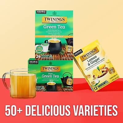 KEURIG TWININGS Green Tea  
Lemon & Ginger  
DECAFFEINATED  
300 COUNT  
24 PACK  

KEURIG TWININGS Lemon & Ginger  
300 COUNT  
12 PACK  

50+ DELICIOUS VARIETIES