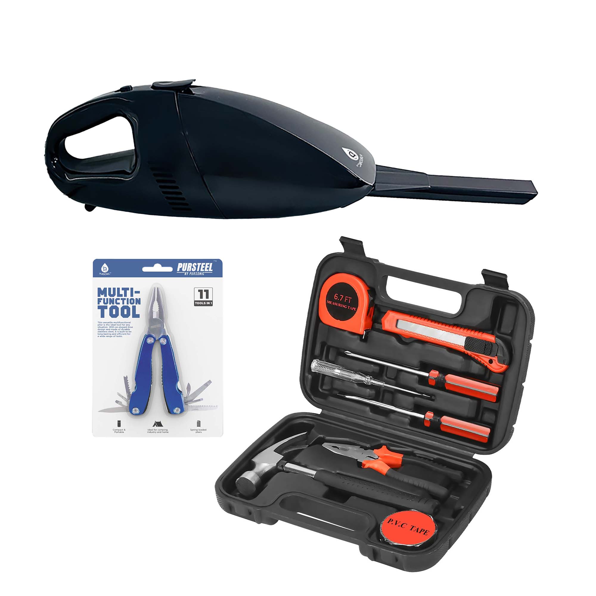 Pursonic - Car Vacuum, Handy Solutions 9-Piece Tool Kit & 11-in-1 Multifunction Tool Bundle - Multicolor