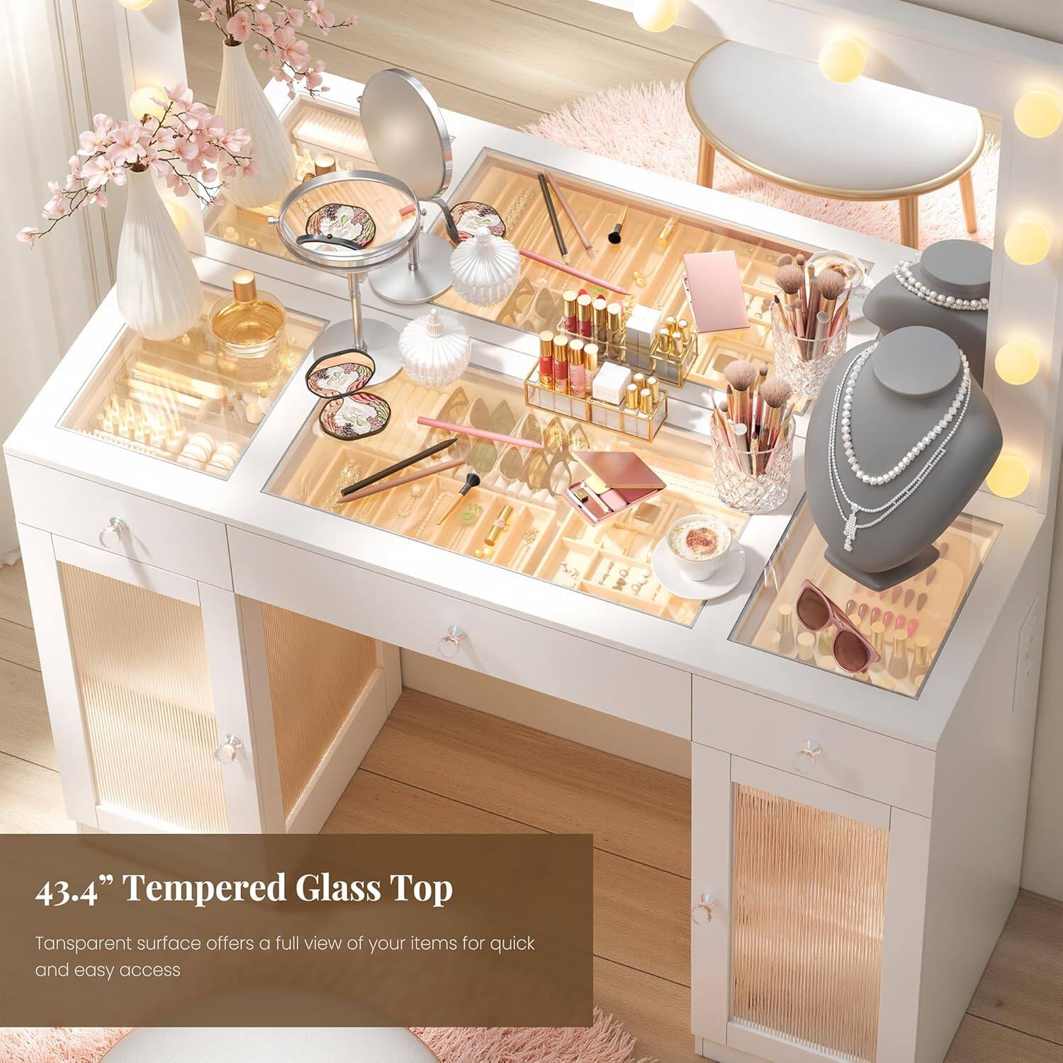 43.4" Tempered Glass Top

Transparent surface offers a full view of your items for quick and easy access