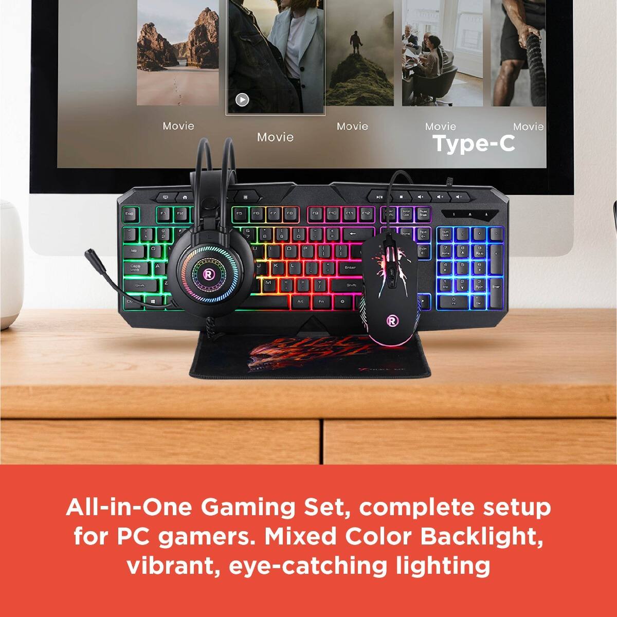 All-in-One Gaming Set, complete setup for PC gamers. Mixed Color Backlight, vibrant, eye-catching lighting