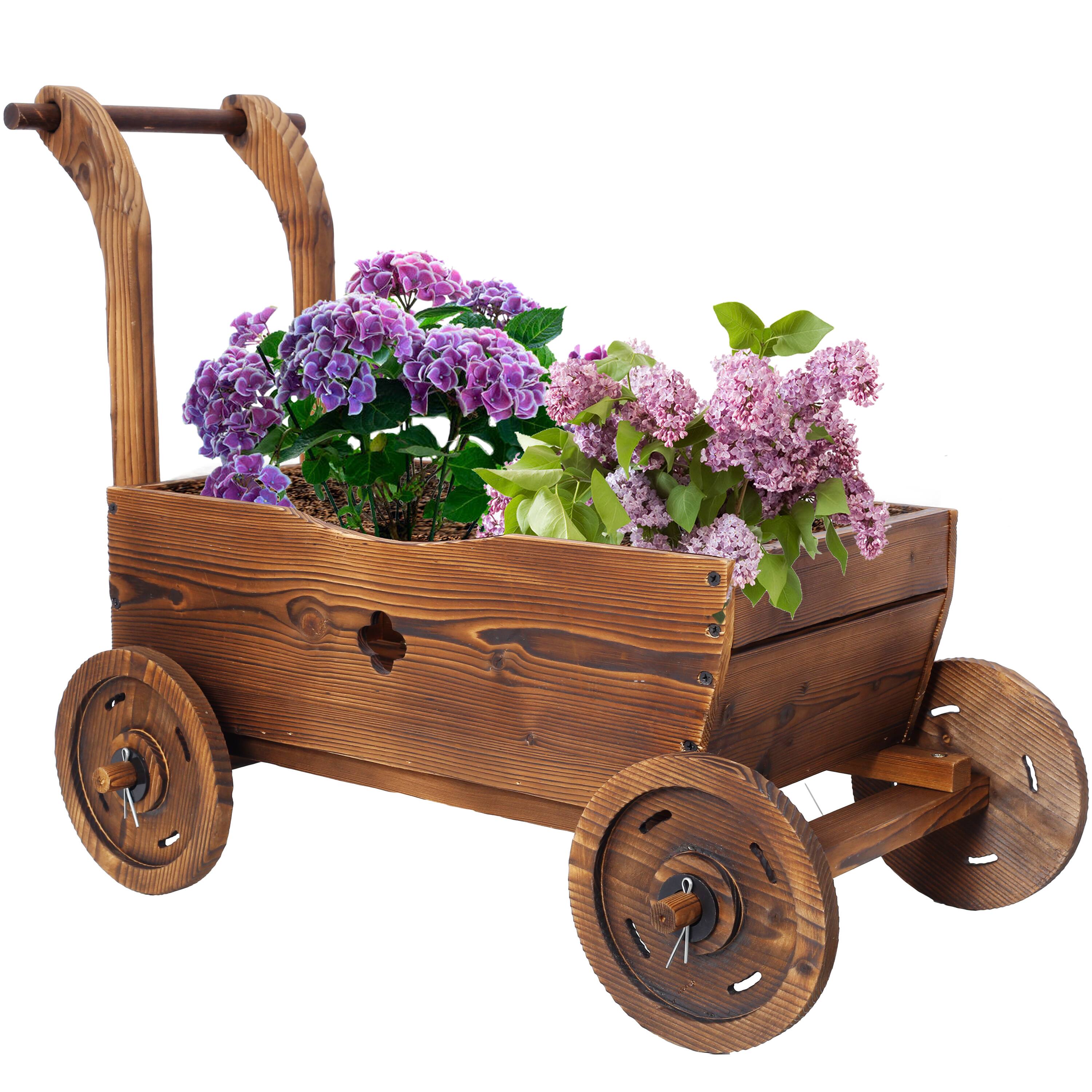 Front. GOODSILO - Wooden Wagon Planter Box - Mobile Garden Planter with Wheels, Handle & Drain Hole for Indoor & Outdoor Decor - Brown.